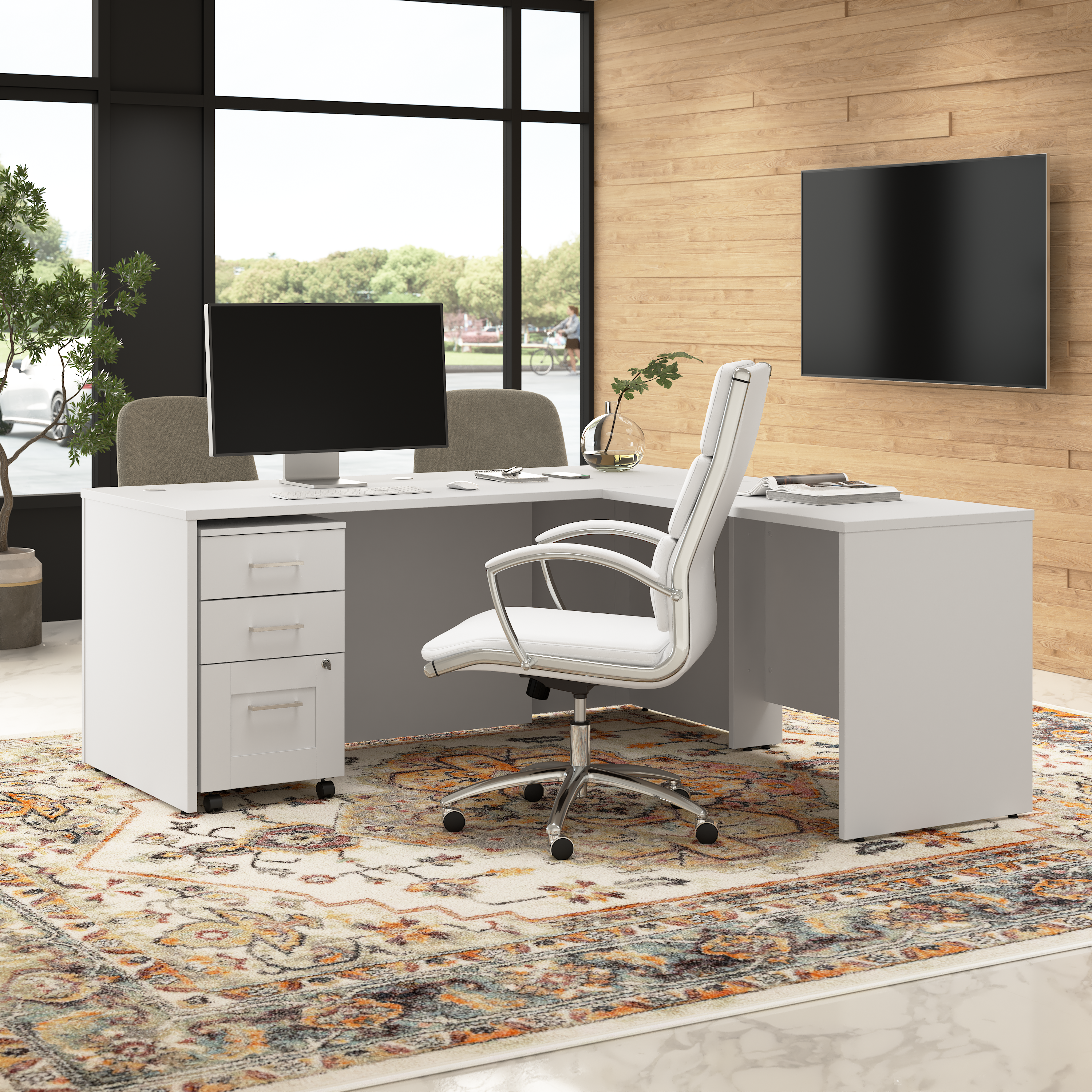 Shop Bush Business Furniture Hampton Heights 72W x 30D Executive L-Shaped Desk with 3 Drawer Mobile File Cabinet 06 HHD001WH #color_white