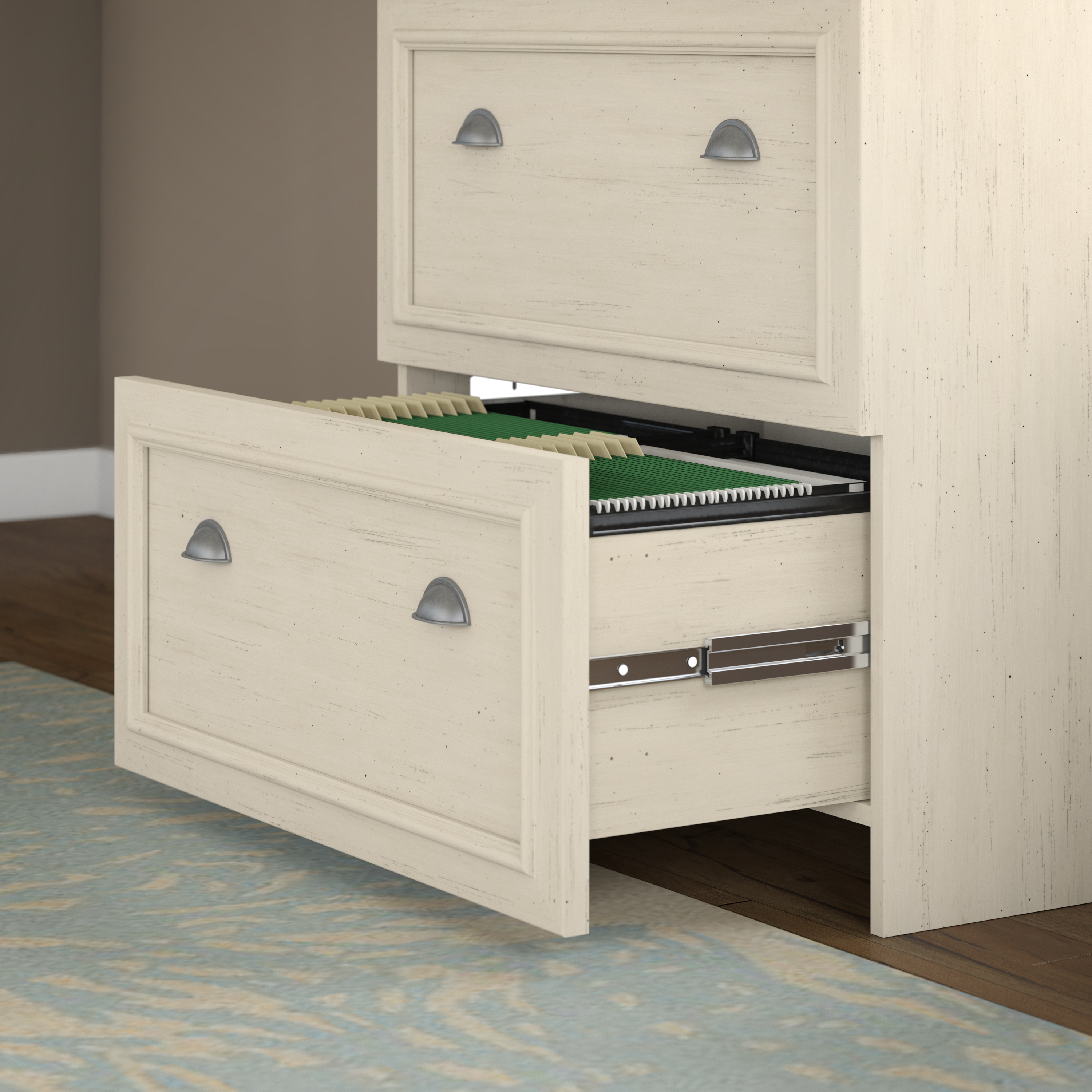 Shop Bush Furniture Fairview 60W L Shaped Desk with Hutch and Lateral File Cabinet 08 FV003AW #color_antique white/tea maple