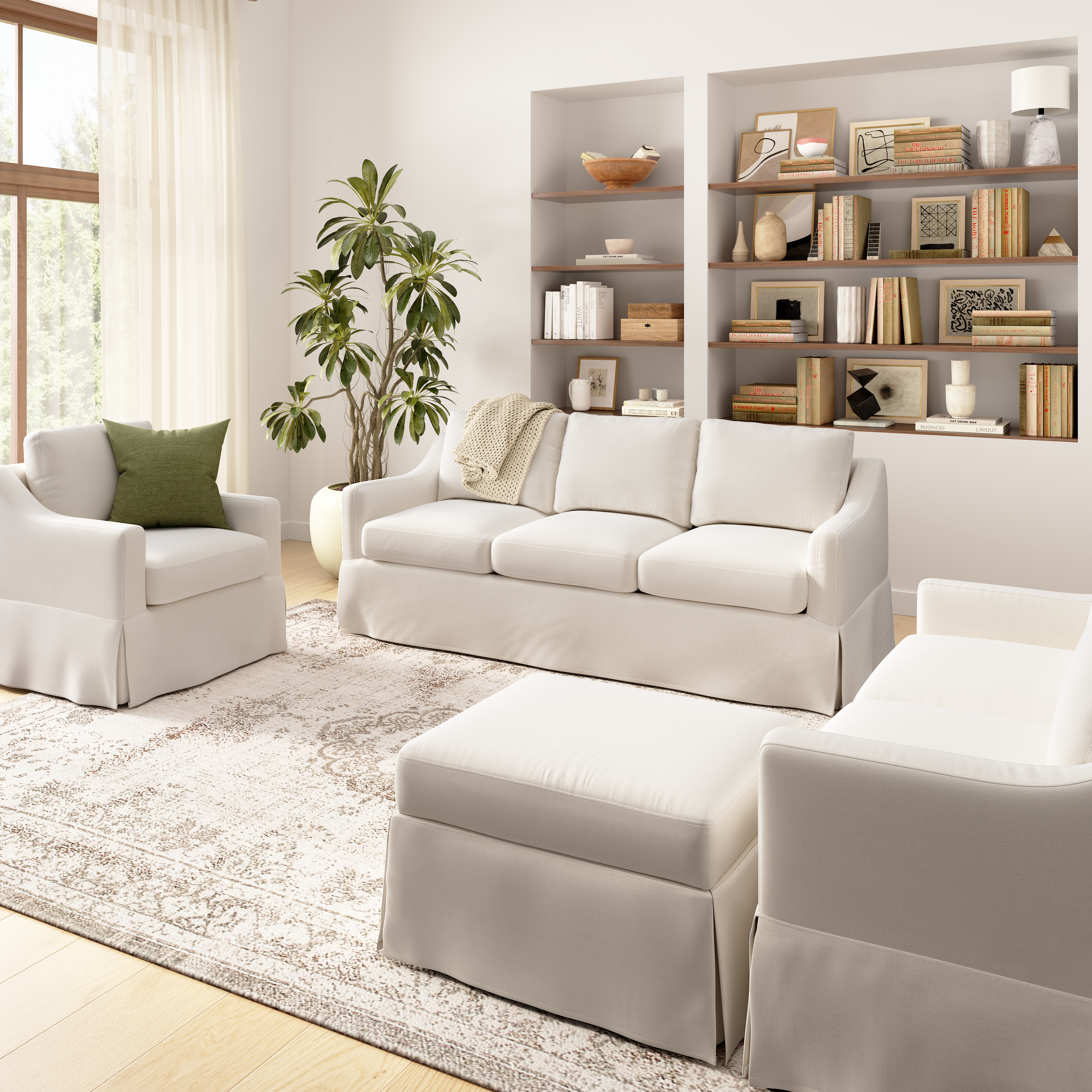 Shop Bush Home Harper 80W Sofa, 57W Loveseat, Swivel Accent Chair, and Storage Ottoman with Slipcovers HAR007IYB 2 #color_ivory basketweave fabric