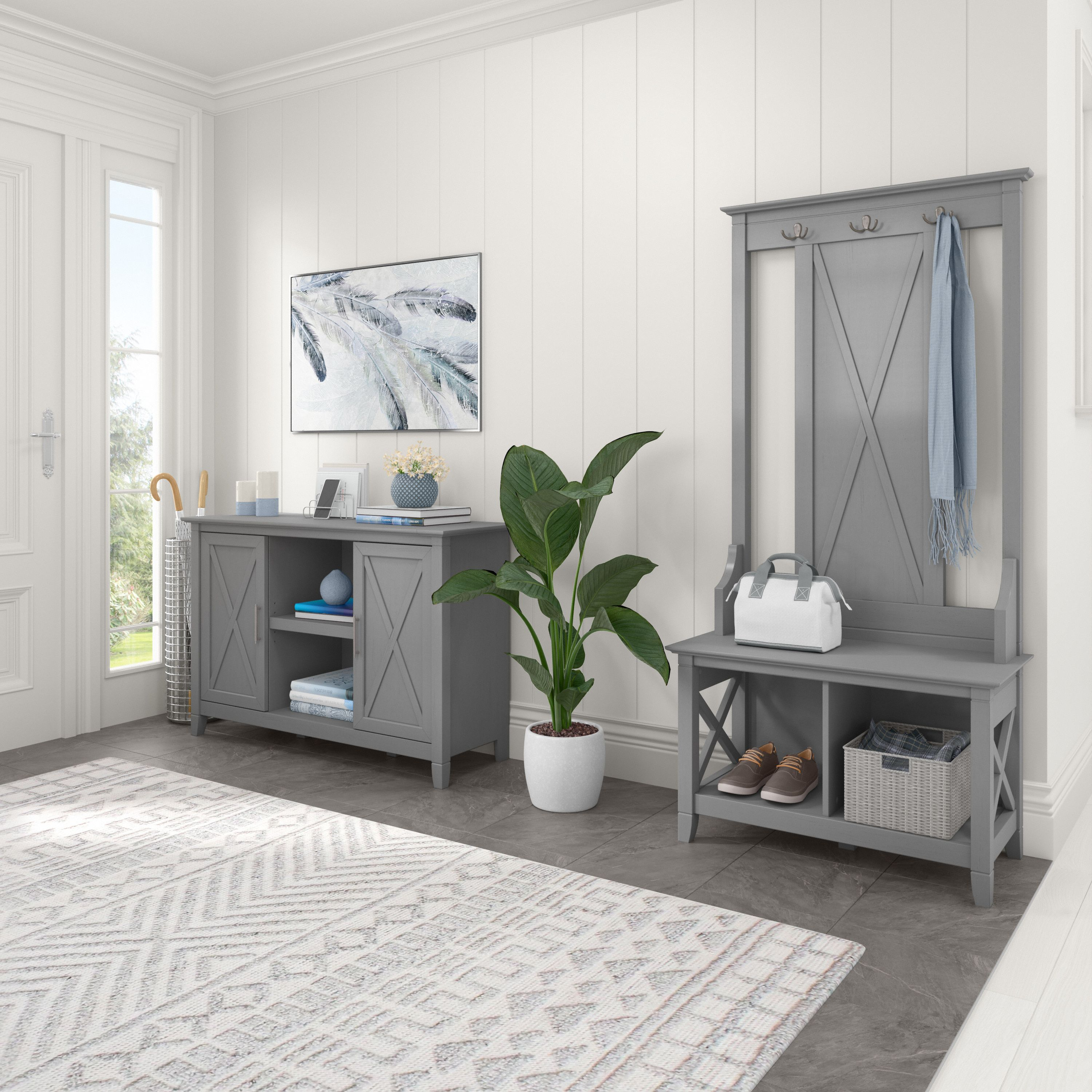 Shop Bush Furniture Key West Entryway Storage Set with Hall Tree, Shoe Bench and 2 Door Cabinet 01 KWS054CG #color_cape cod gray