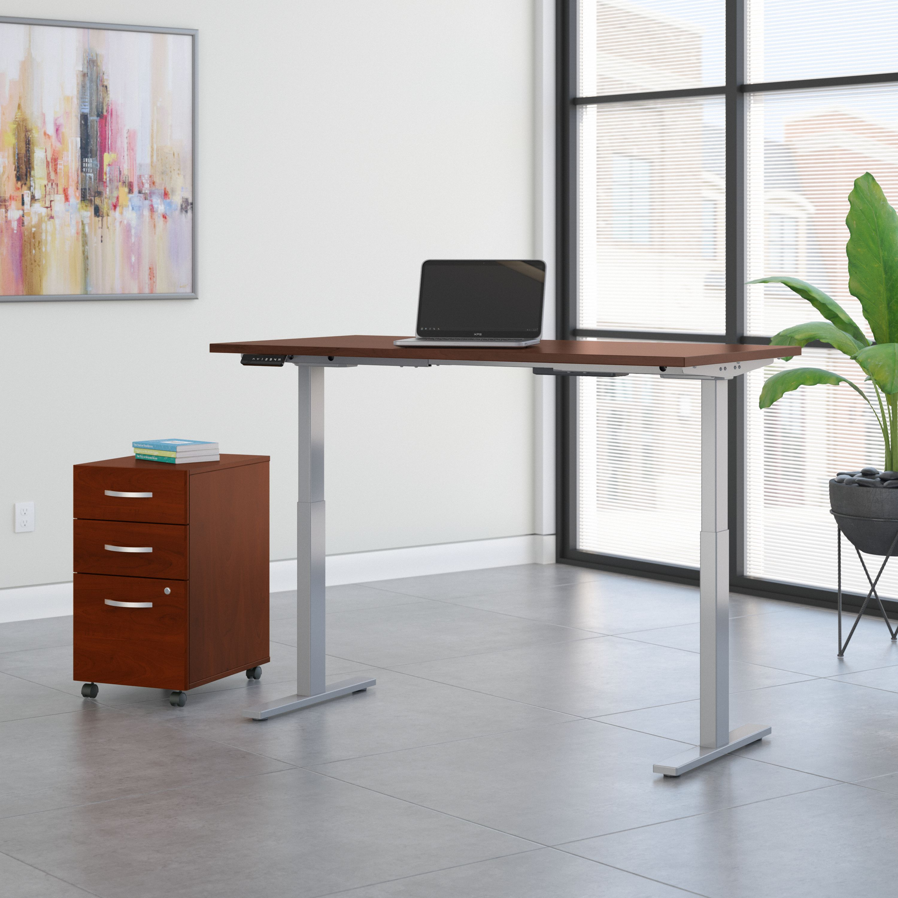 Shop Move 60 Series by Bush Business Furniture 60W x 30D Height Adjustable Standing Desk with Storage 01 M6S011HC #color_hansen cherry/cool gray metallic