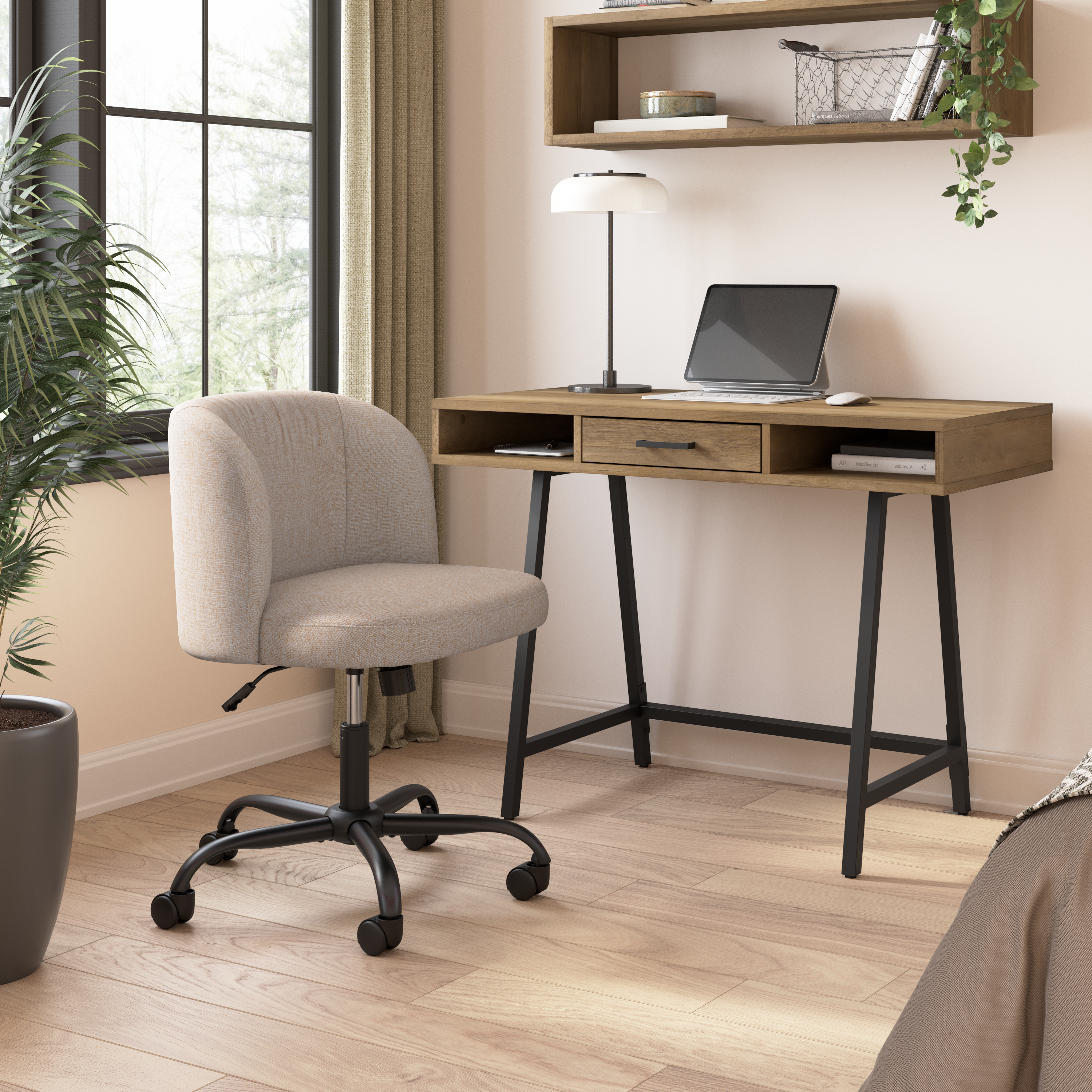 Shop Bush Furniture Steele 40W Small Writing Desk and Chair Set for Home Office 01 STE001RCP #color_reclaimed pine/beige fabric