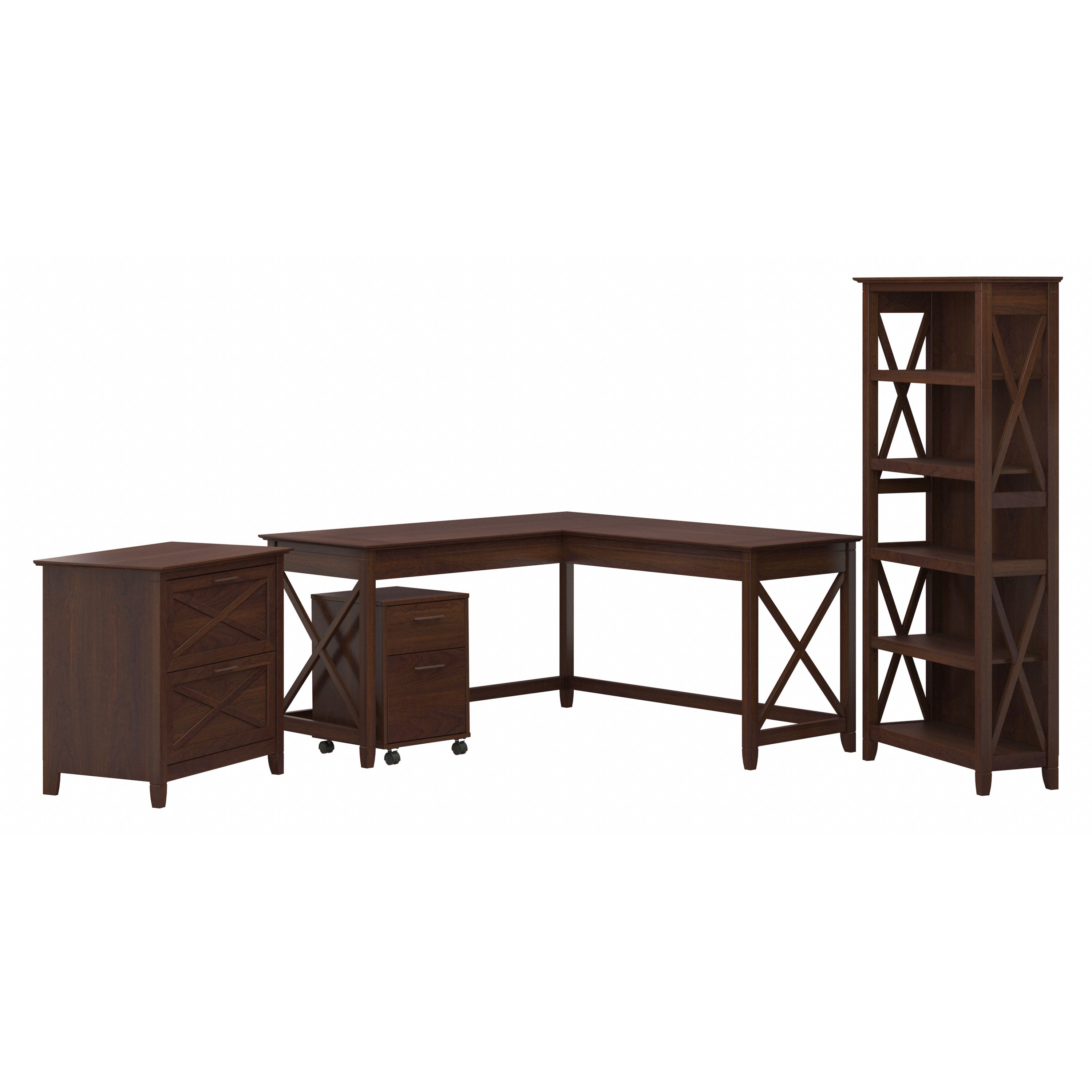 Shop Bush Furniture Key West 60W L Shaped Desk with File Cabinets and 5 Shelf Bookcase 02 KWS017BC #color_bing cherry