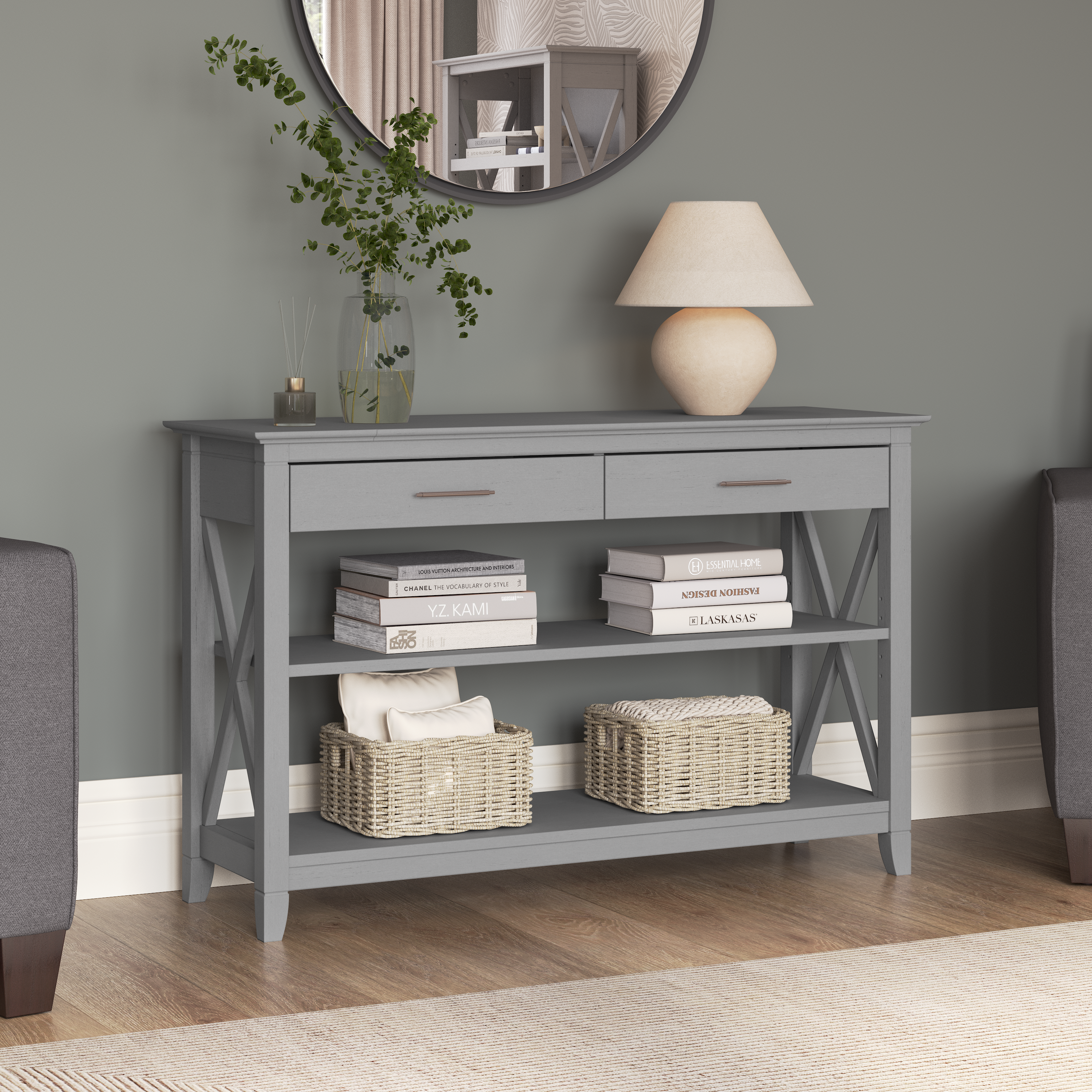 Shop Bush Furniture Key West Console Table with Drawers and Shelves 01 KWT248CG-03 #color_cape cod gray