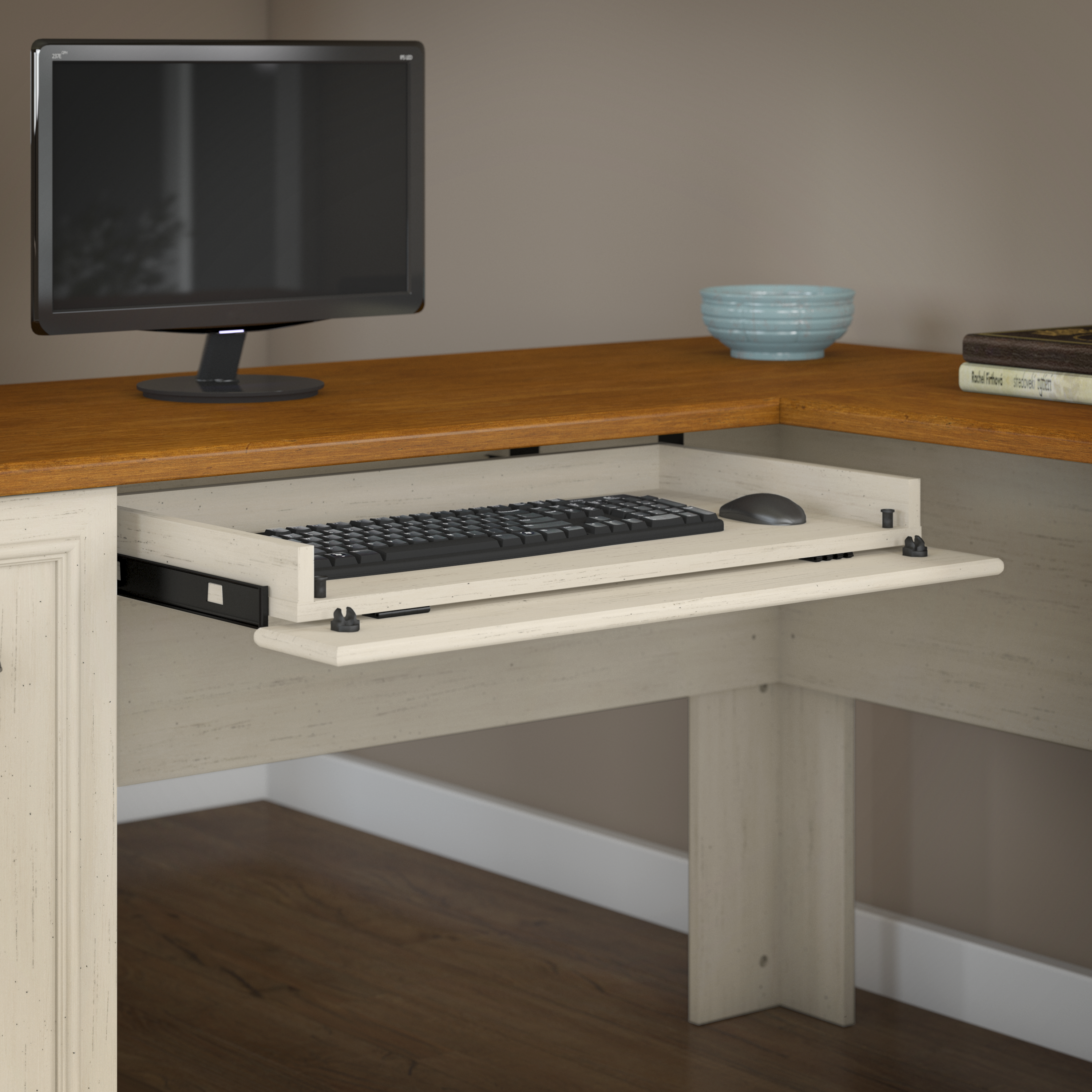 Shop Bush Furniture Fairview 60W L Shaped Desk with Hutch and Storage Cabinet with File Drawer 07 FV010AW #color_antique white/tea maple