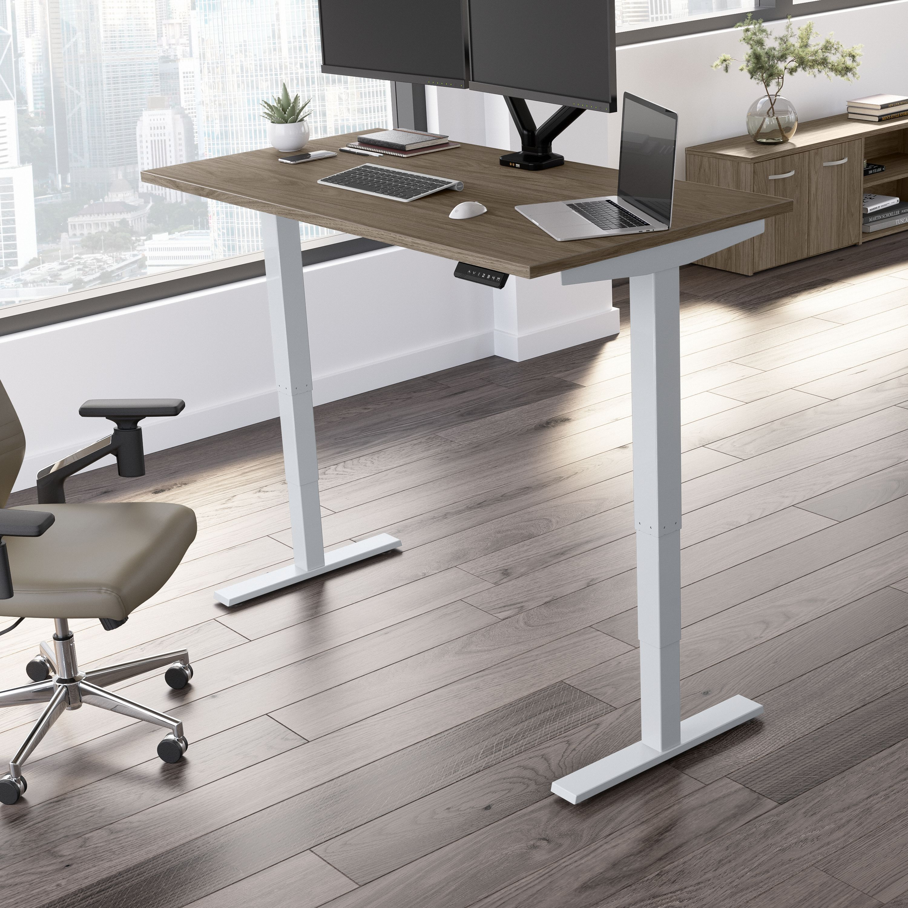 Shop Move 40 Series by Bush Business Furniture 60W x 30D Electric Height Adjustable Standing Desk 01 M4S6030MHSK #color_modern hickory/cool gray metallic