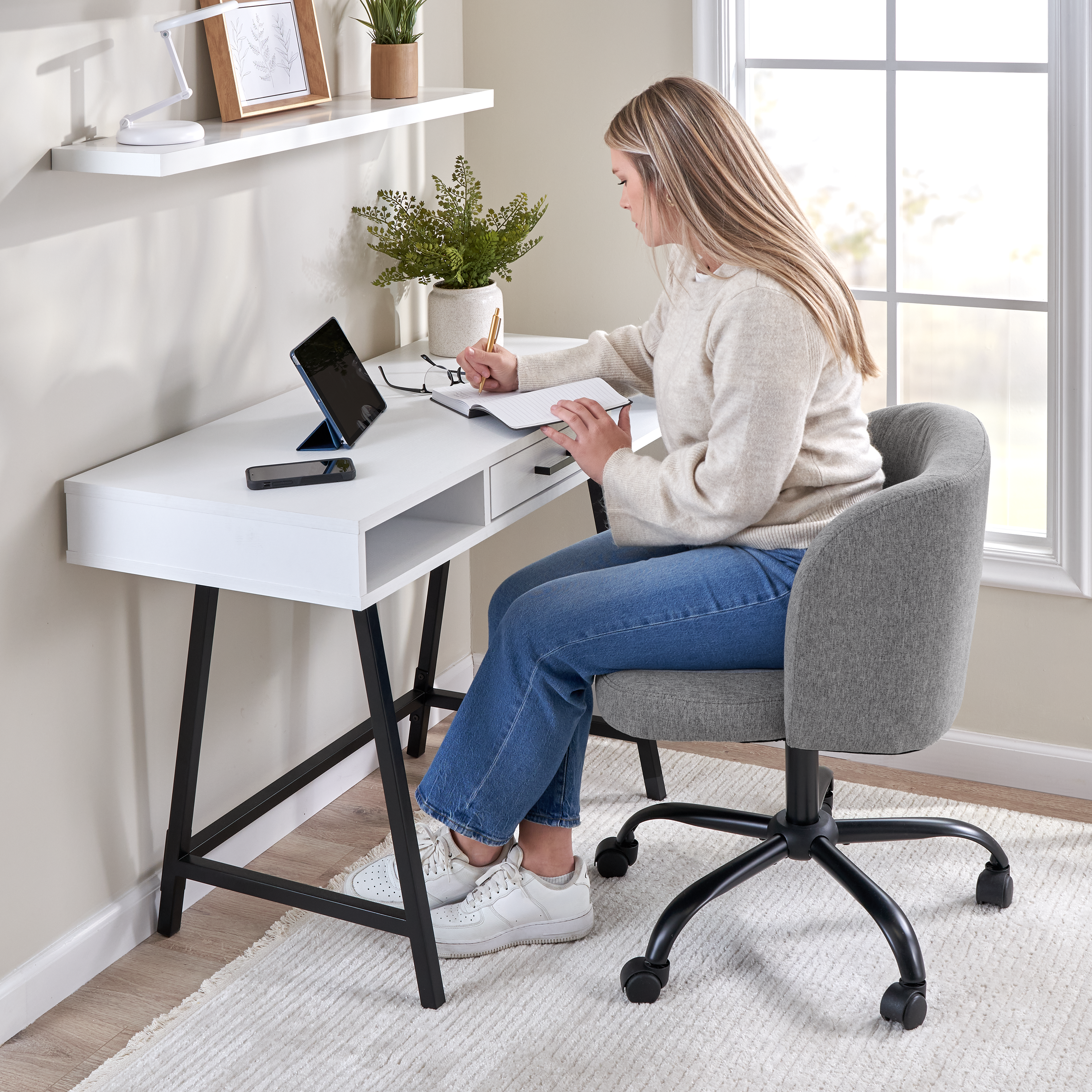 Shop Bush Furniture Steele 40W Small Writing Desk and Chair Set for Home Office 03 STE001WT #color_pure white oak/warm gray fabric