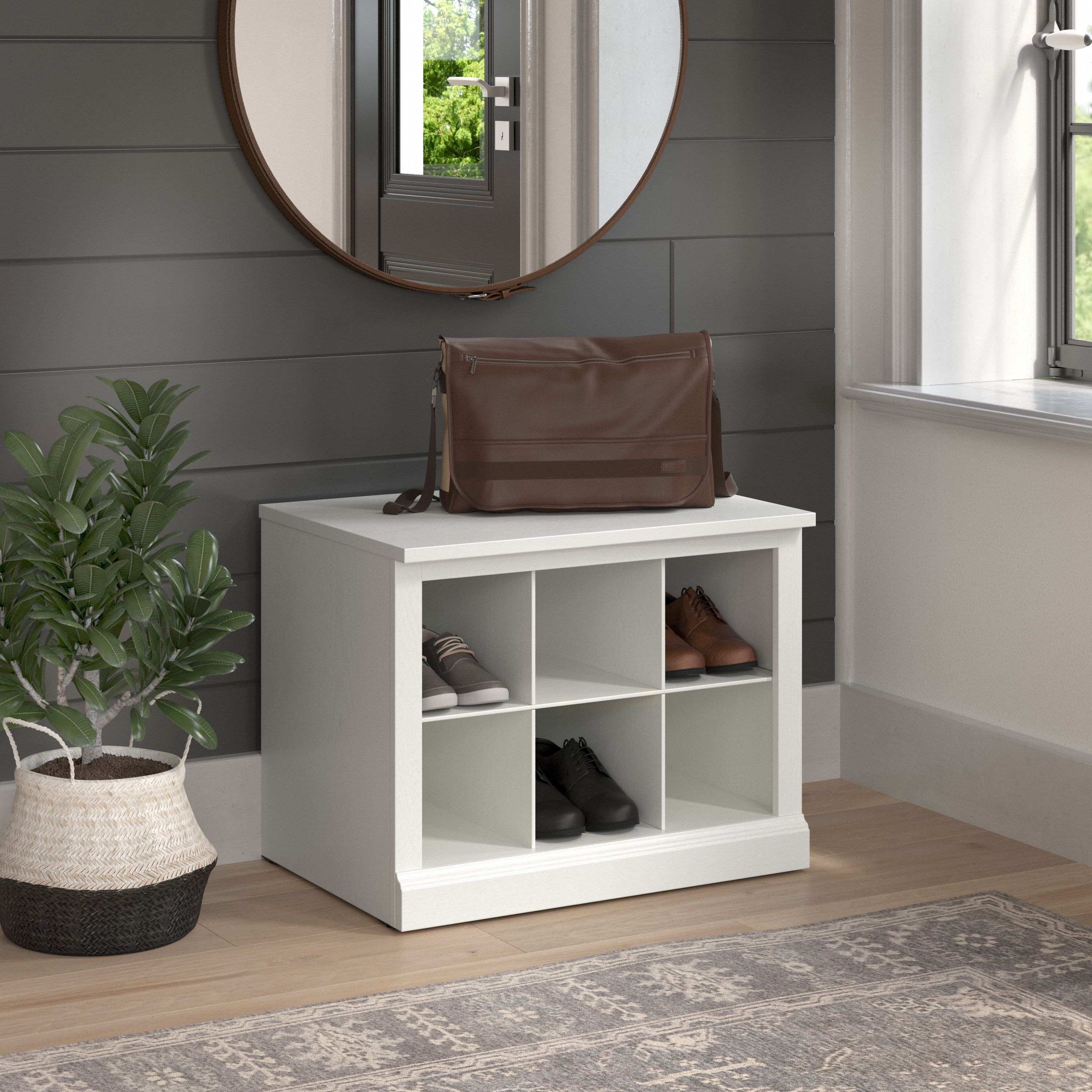 Shop Bush Furniture Woodland 24W Small Shoe Bench with Shelves 01 WDS224WAS-03 #color_white ash