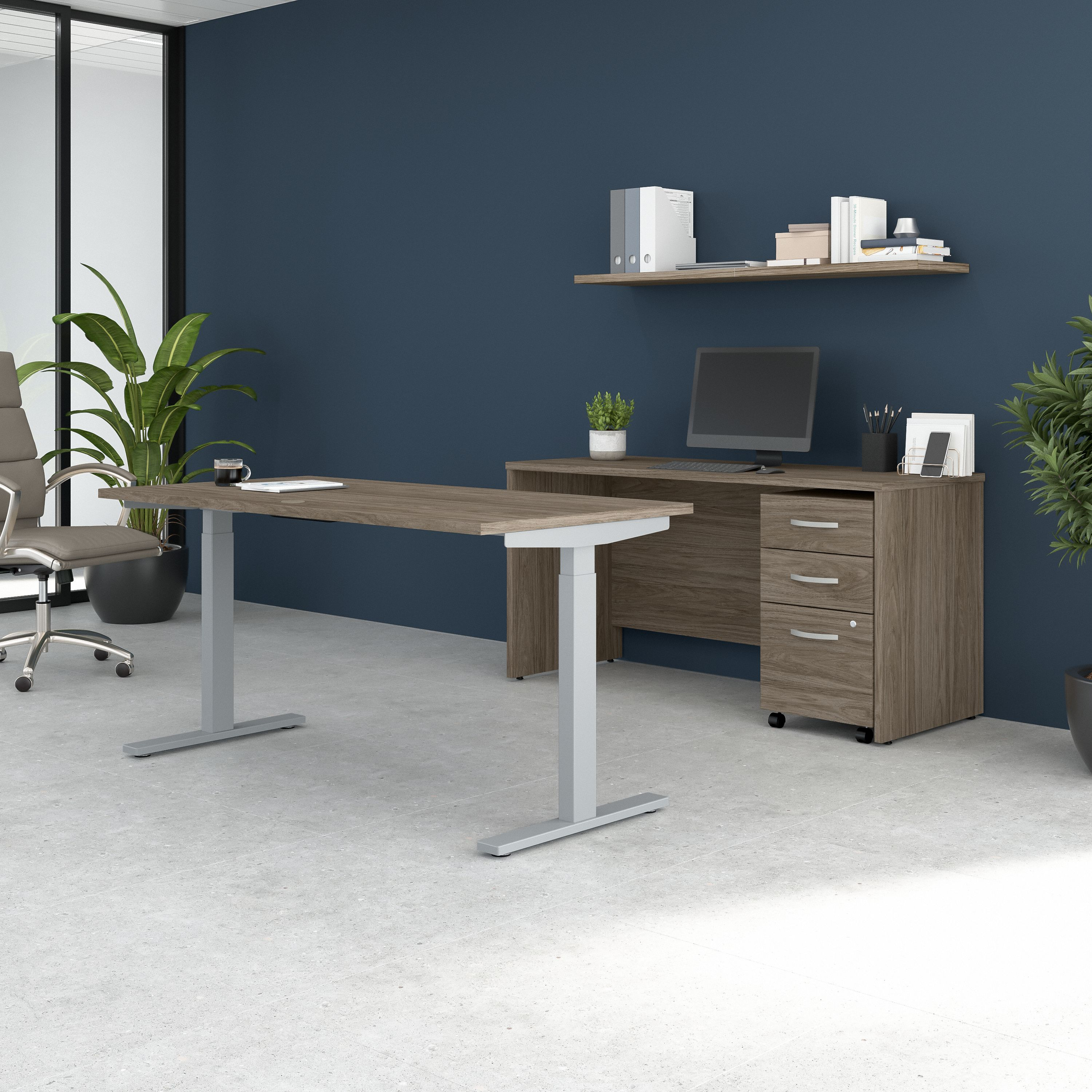 Shop Bush Business Furniture Studio C 60W Height Adjustable Standing Desk with Credenza and File Cabinet 01 STC017MHSU #color_modern hickory