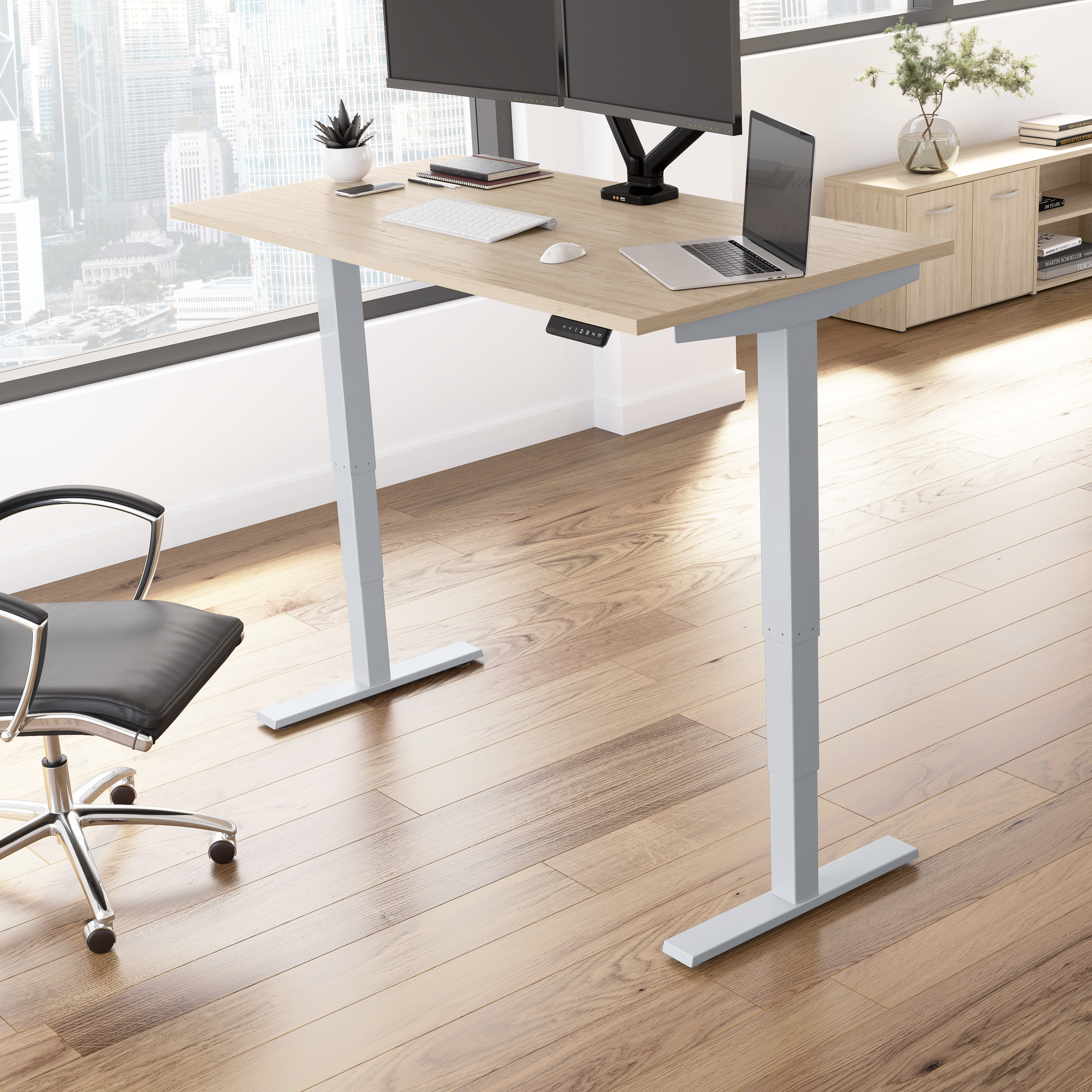 Shop Move 40 Series by Bush Business Furniture 60W x 30D Electric Height Adjustable Standing Desk 01 M4S6030NESK #color_natural elm/cool gray metallic