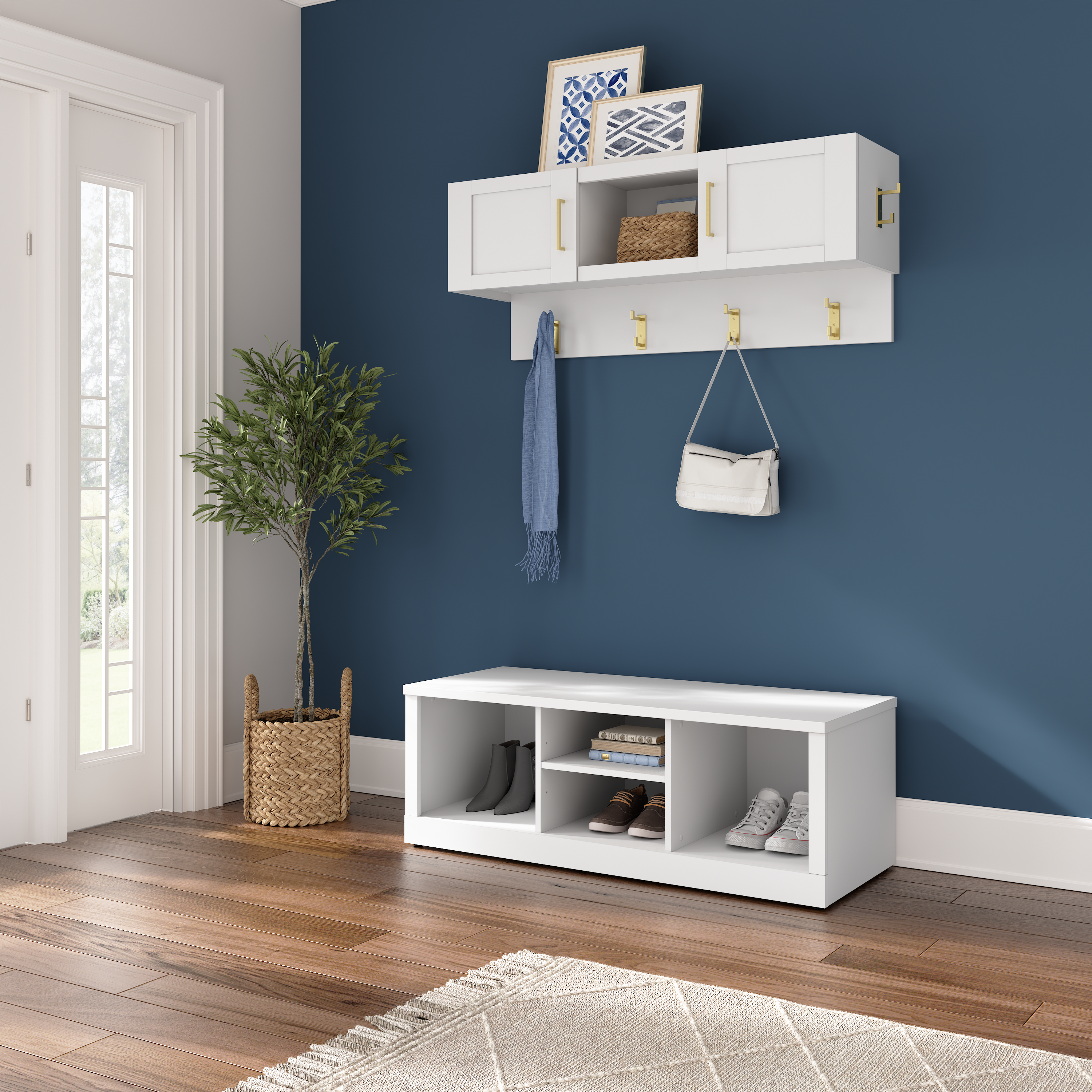 Shop Bush Furniture Hampton Heights 48W Shoe Bench and Wall Mounted Coat Rack 01 HHS005WH #color_white