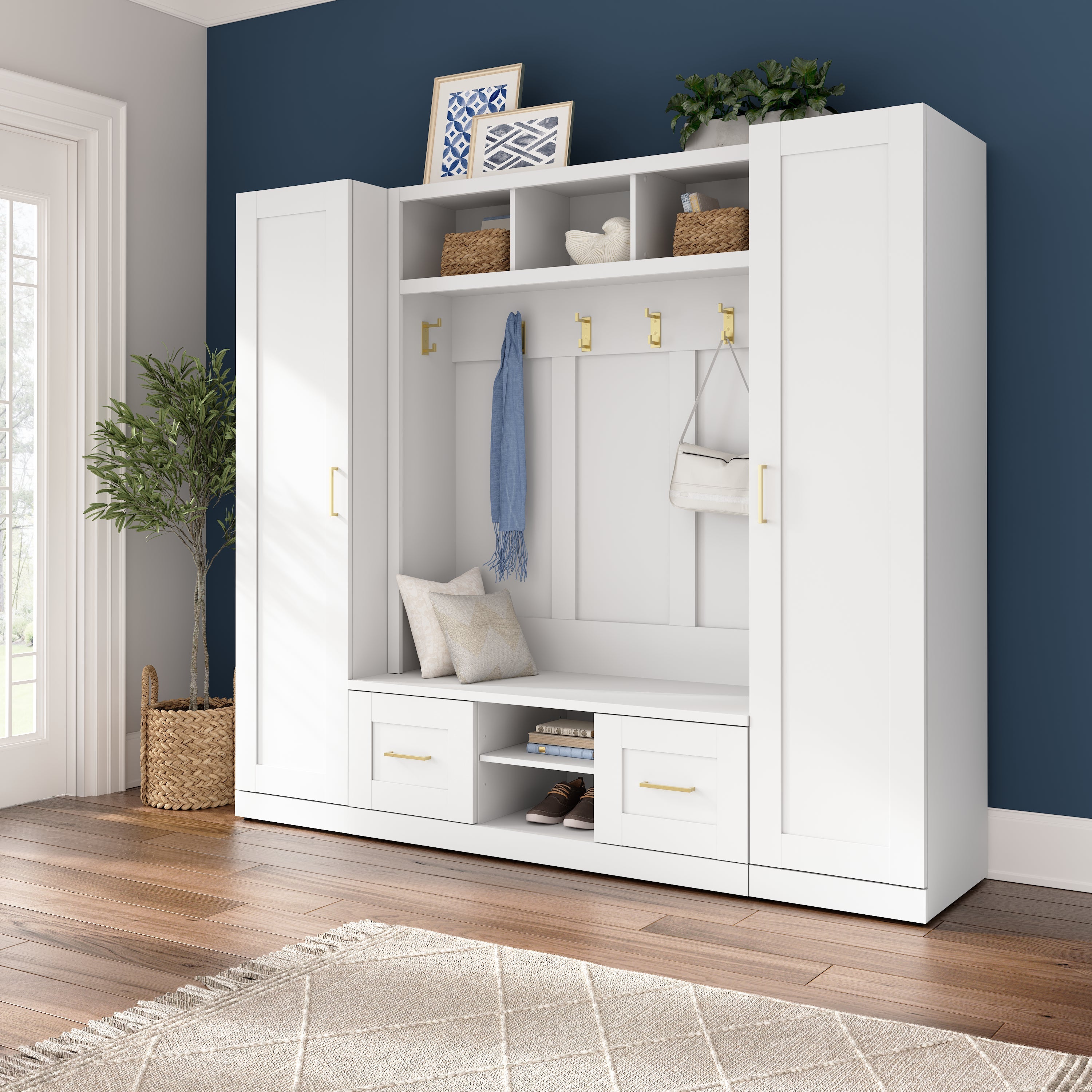 Shop Bush Furniture Hampton Heights Full Entryway Storage Set with Hall Tree, Shoe Bench with Doors and Narrow Cabinets 08 HHS015WH #color_white