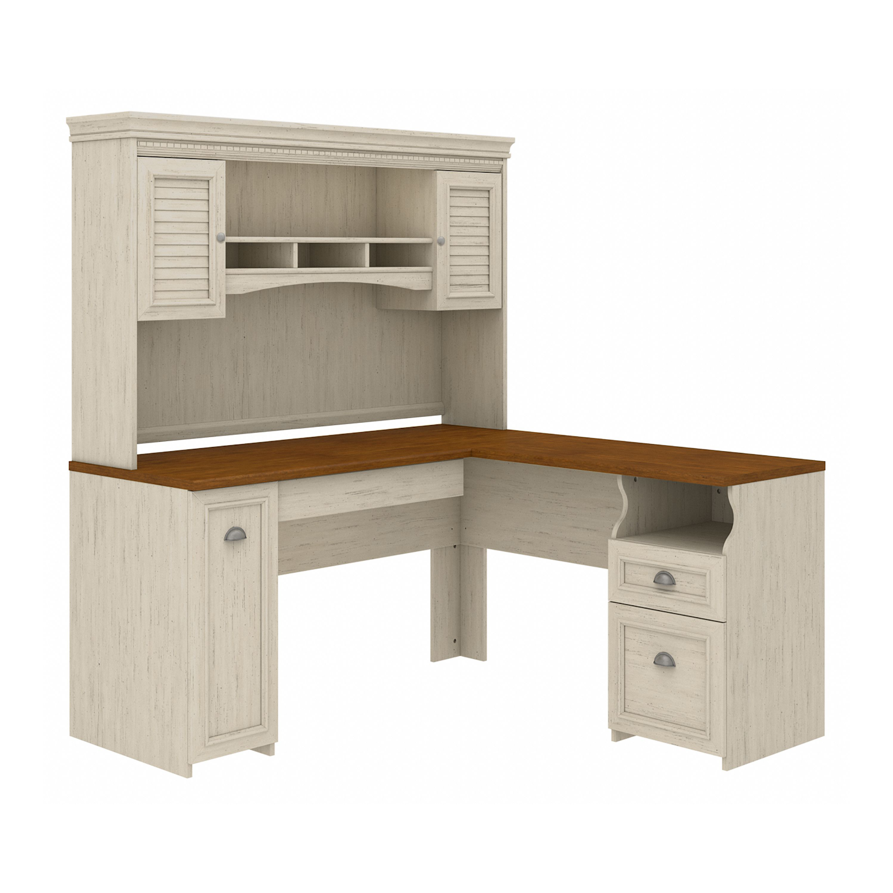 Shop Bush Furniture Fairview L Shaped Desk with Hutch 02 FVW002 #color_antique white/tea maple