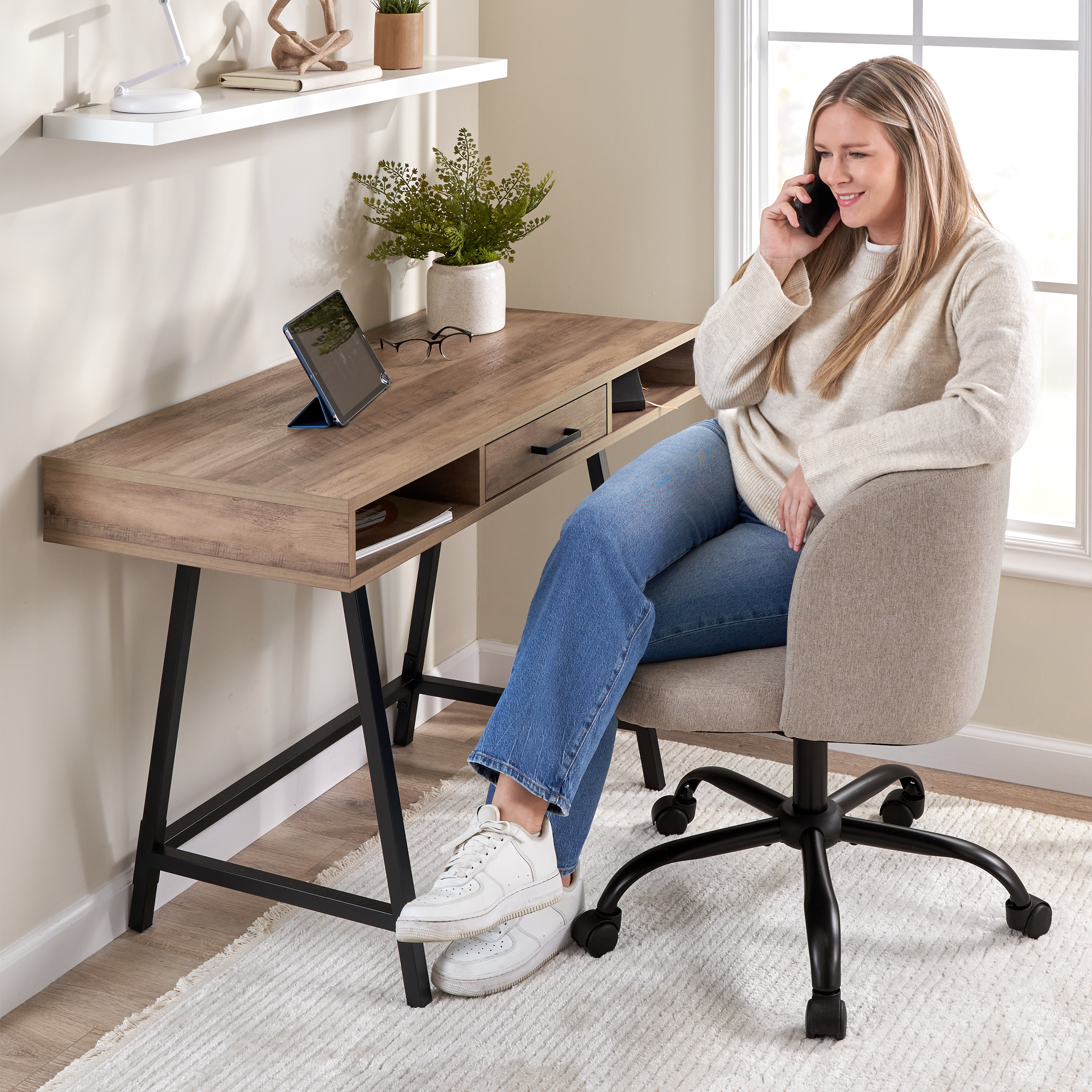 Shop Bush Furniture Steele 40W Small Writing Desk and Chair Set for Home Office 03 STE001RCP #color_reclaimed pine/beige fabric