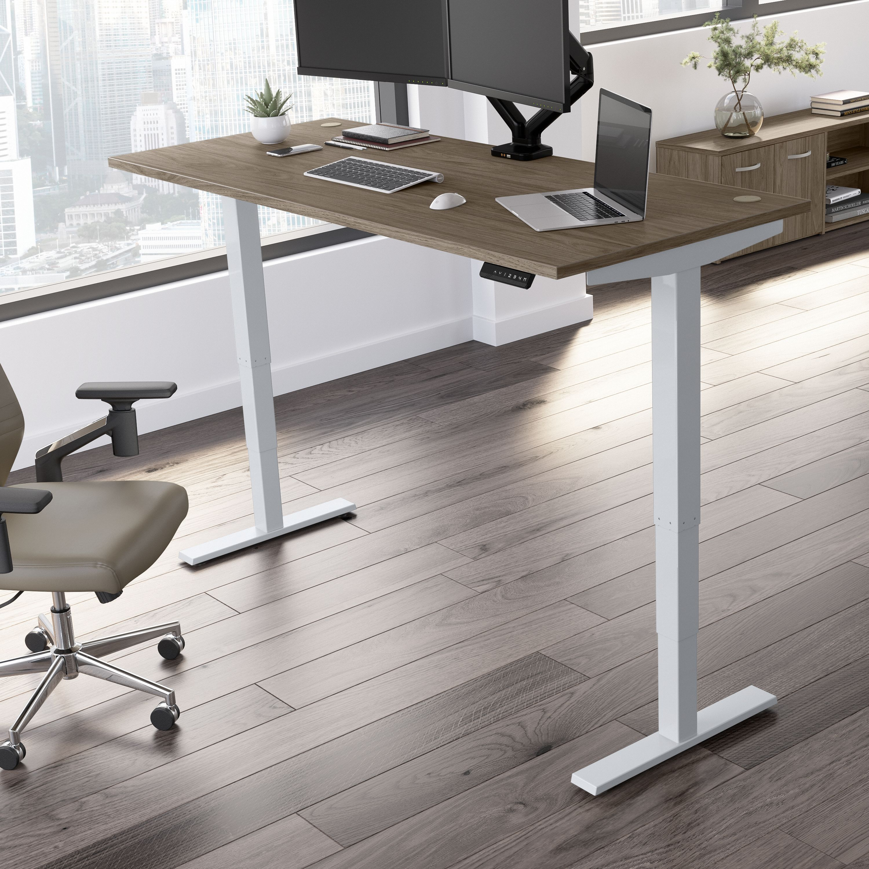 Shop Move 40 Series by Bush Business Furniture 72W x 30D Electric Height Adjustable Standing Desk 01 M4S7230MHSK #color_modern hickory/cool gray metallic