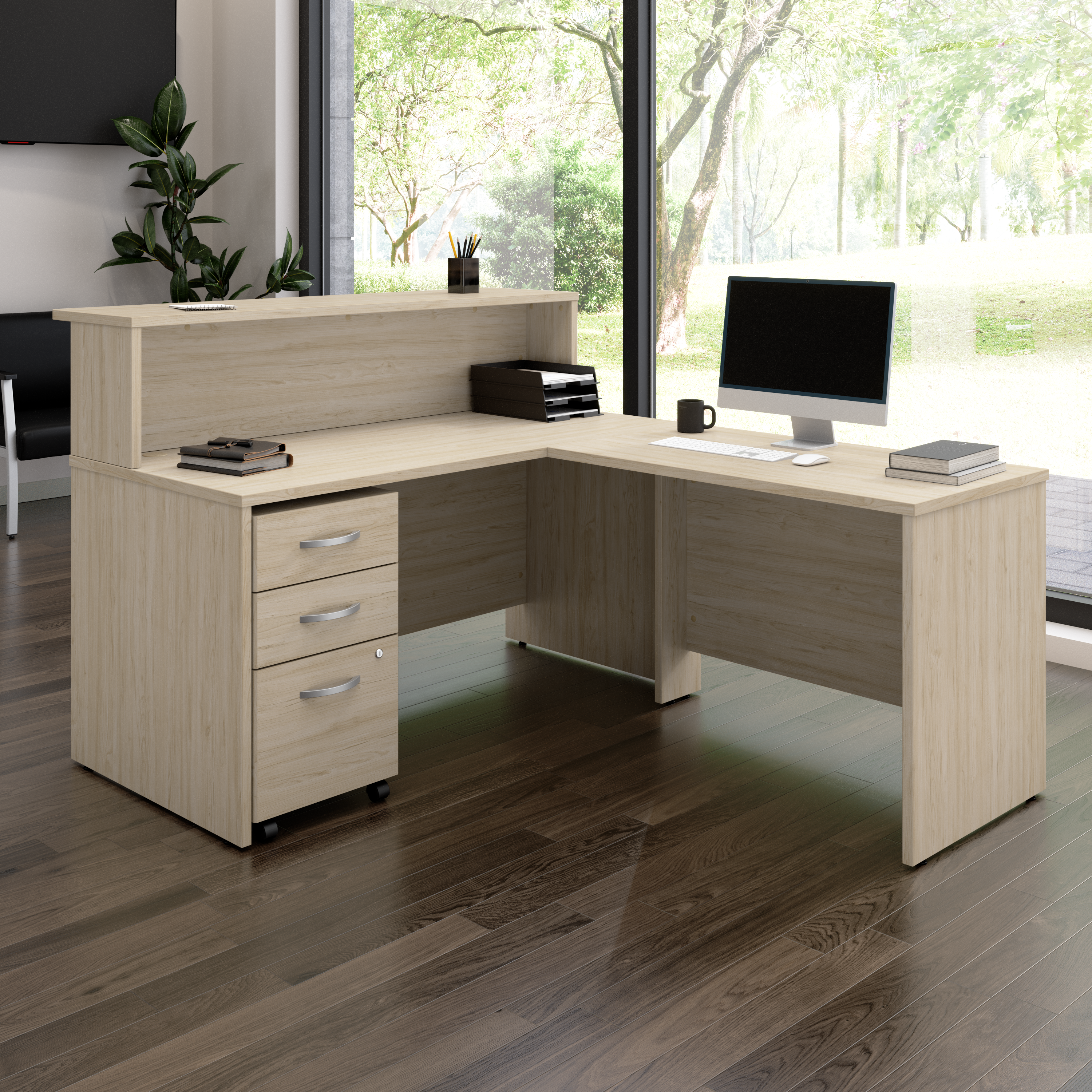 Shop Bush Business Furniture Arrive 60W x 72D L Shaped Reception Desk with Shelf and Mobile File Cabinet 01 ARV004NE #color_natural elm