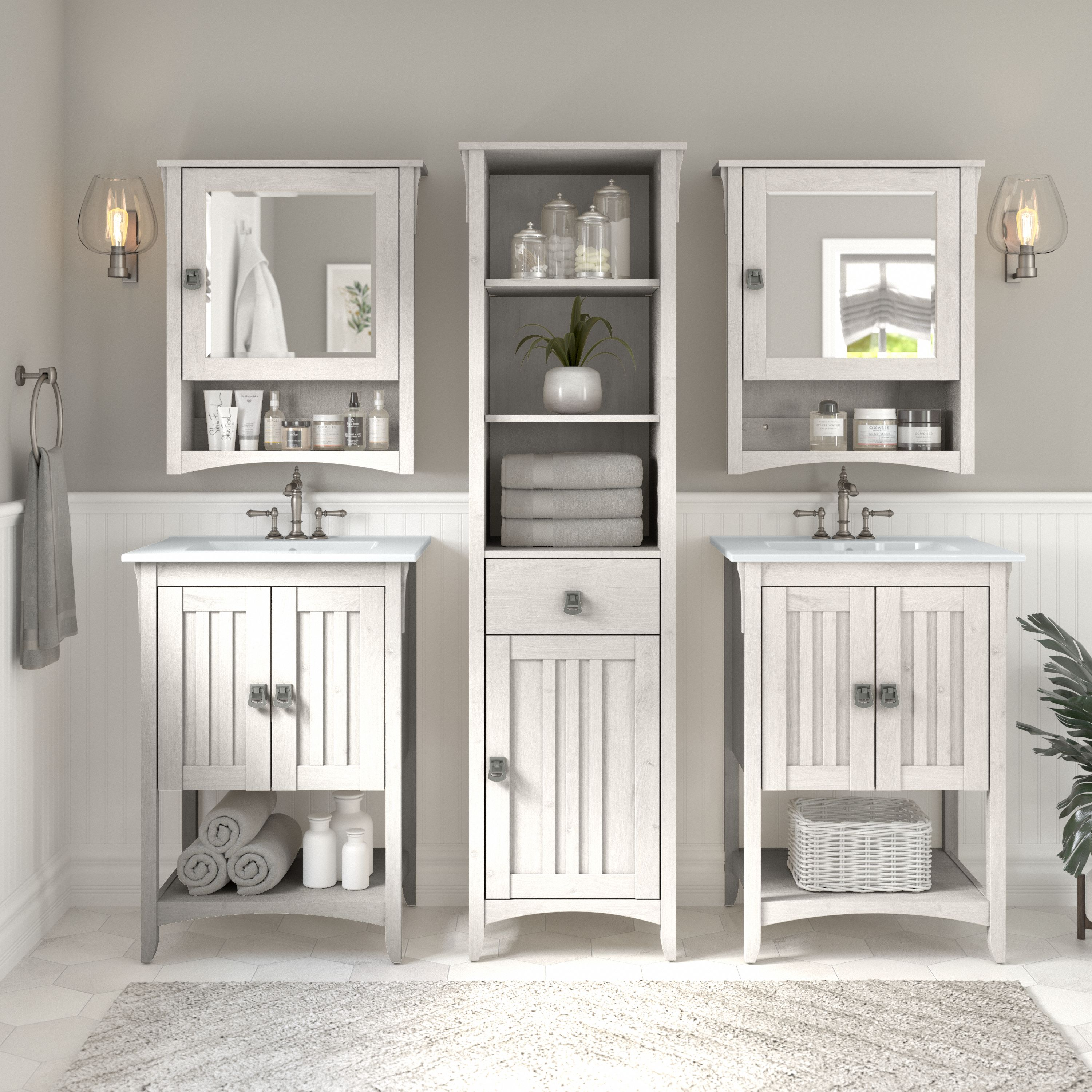 Shop Bush Furniture Salinas 48W Double Vanity Set with Sinks, Medicine Cabinets and Linen Tower 01 SAL034LW #color_linen white oak