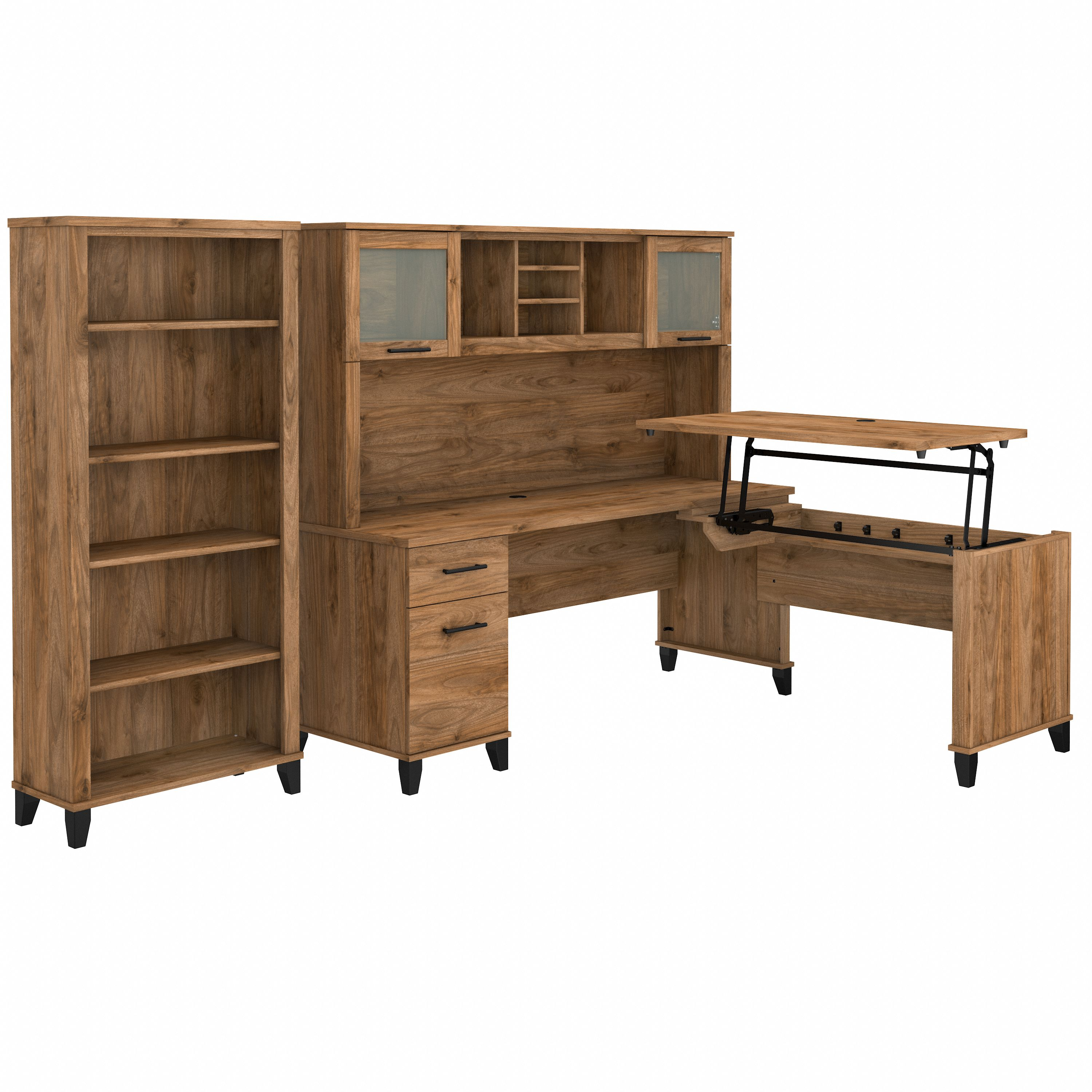 Shop Bush Furniture Somerset 72W 3 Position Sit to Stand L Shaped Desk with Hutch and Bookcase 02 SET017FW #color_fresh walnut