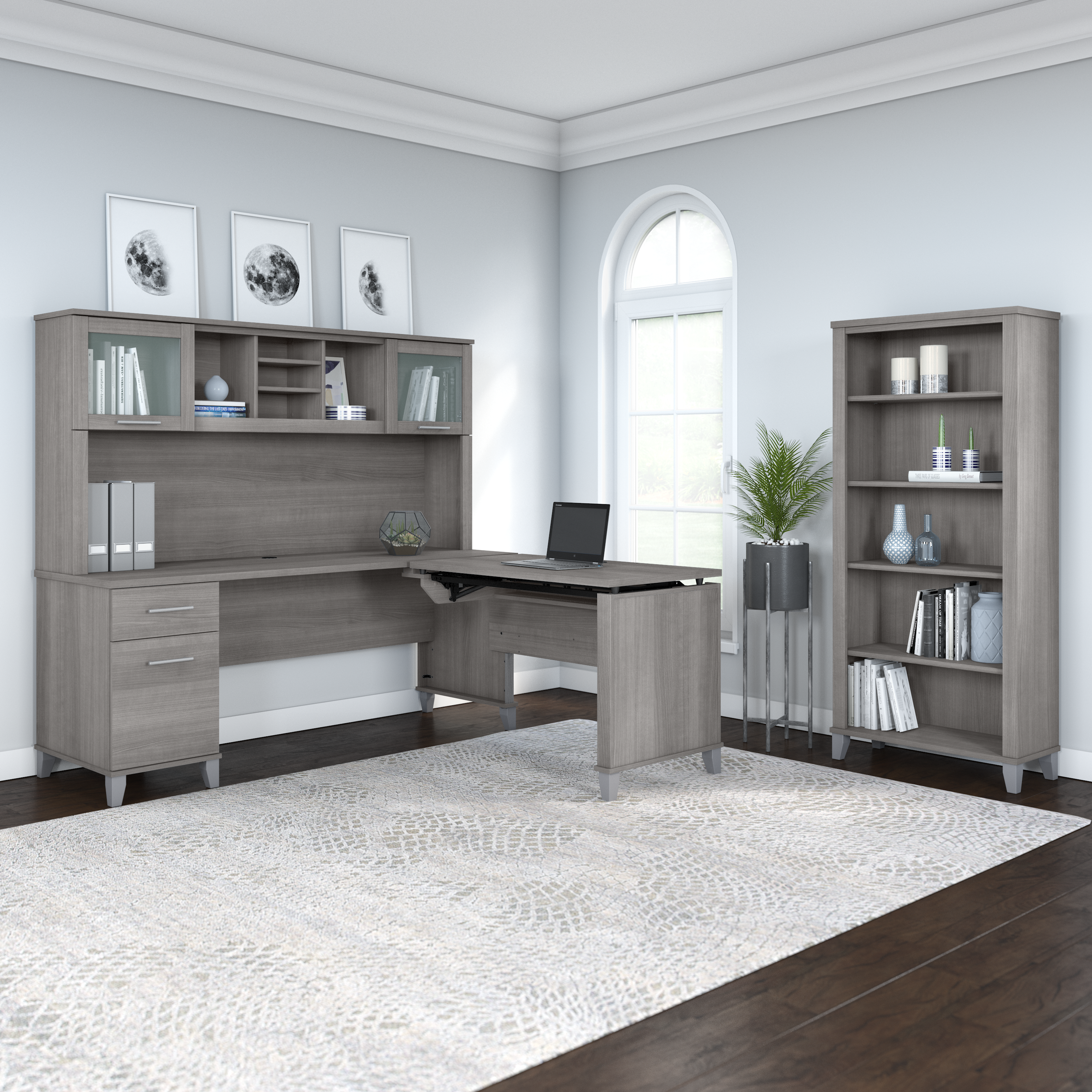 Shop Bush Furniture Somerset 72W 3 Position Sit to Stand L Shaped Desk with Hutch and Bookcase 06 SET017PG #color_platinum gray
