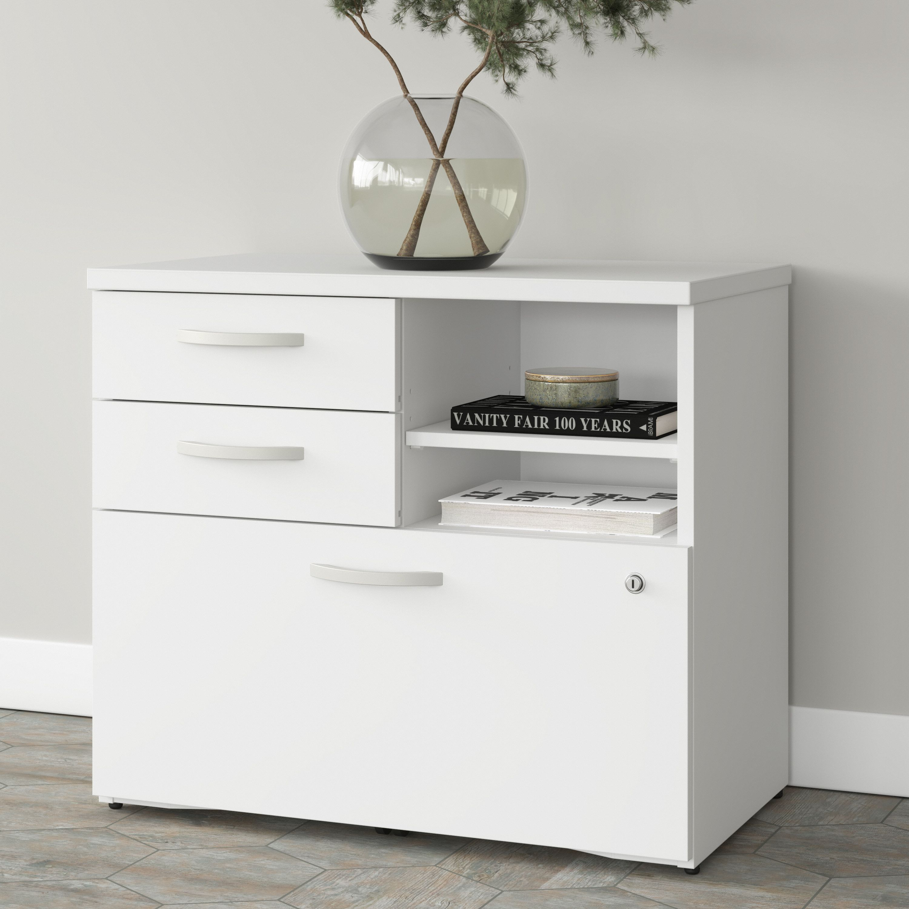 Shop Bush Business Furniture Studio A Office Storage Cabinet with Drawers and Shelves 01 SDF130WHSU-Z #color_white