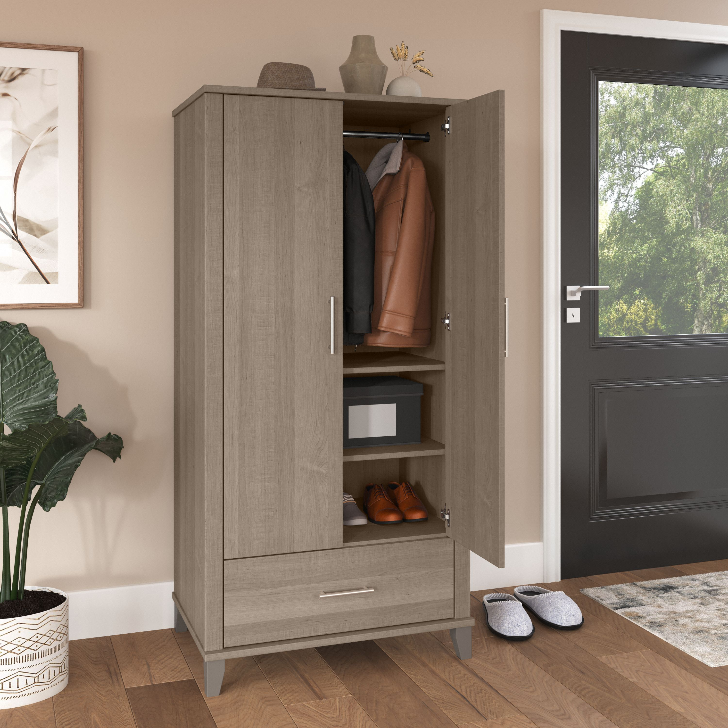 Shop Bush Furniture Somerset Tall Entryway Cabinet with Doors and Drawer 06 STS166AGK-Z1 #color_ash gray