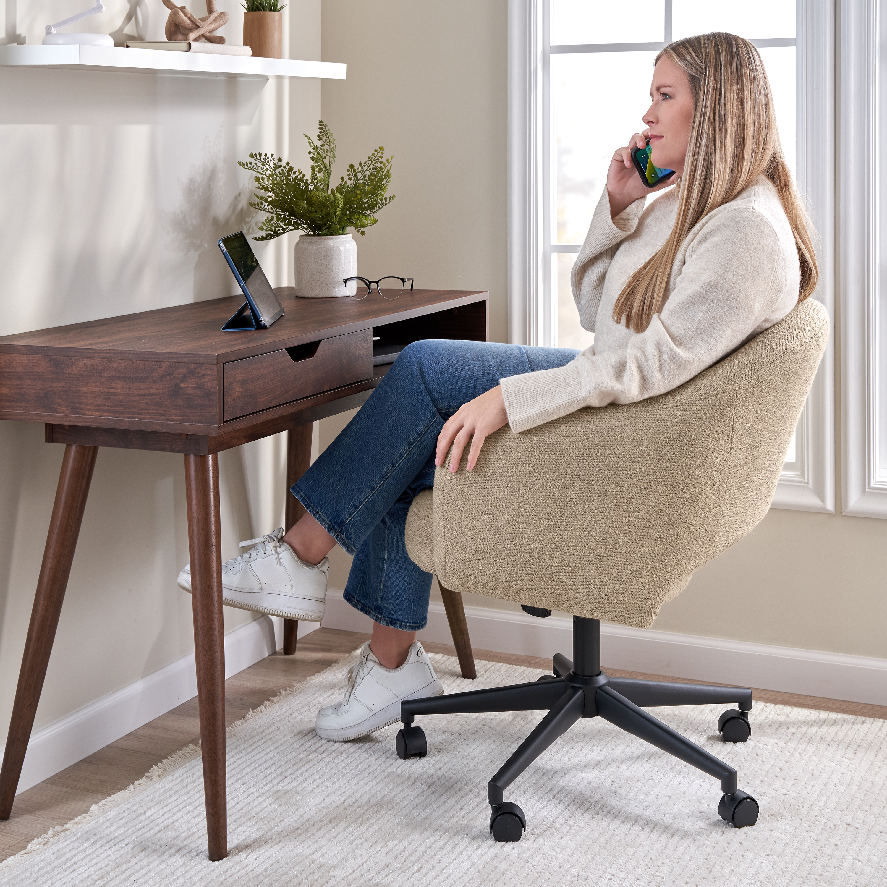 Shop Bush Furniture Nora 40W Small Writing Desk and Chair Set for Home Office 03 NRA002DW #color_pure white/cool beige fabric