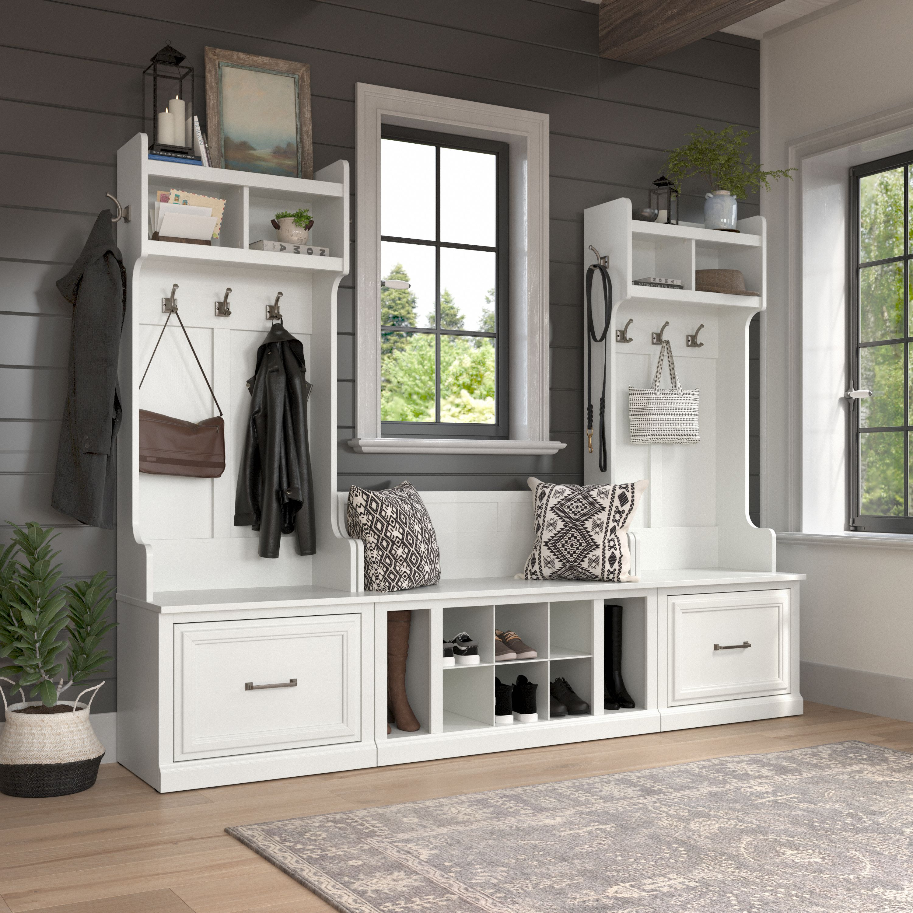 Shop Bush Furniture Woodland Entryway Storage Set with Hall Trees and Shoe Bench with Drawers 01 WDL012WAS #color_white ash