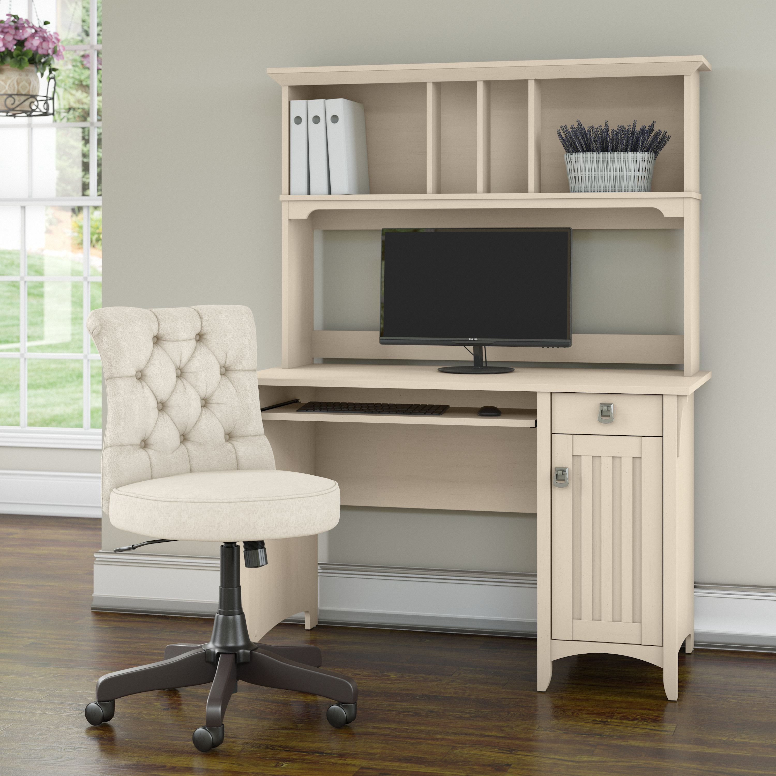 Shop Bush Furniture Salinas 48W Computer Desk with Hutch and Mid Back Tufted Office Chair 01 SAL012AW #color_antique white
