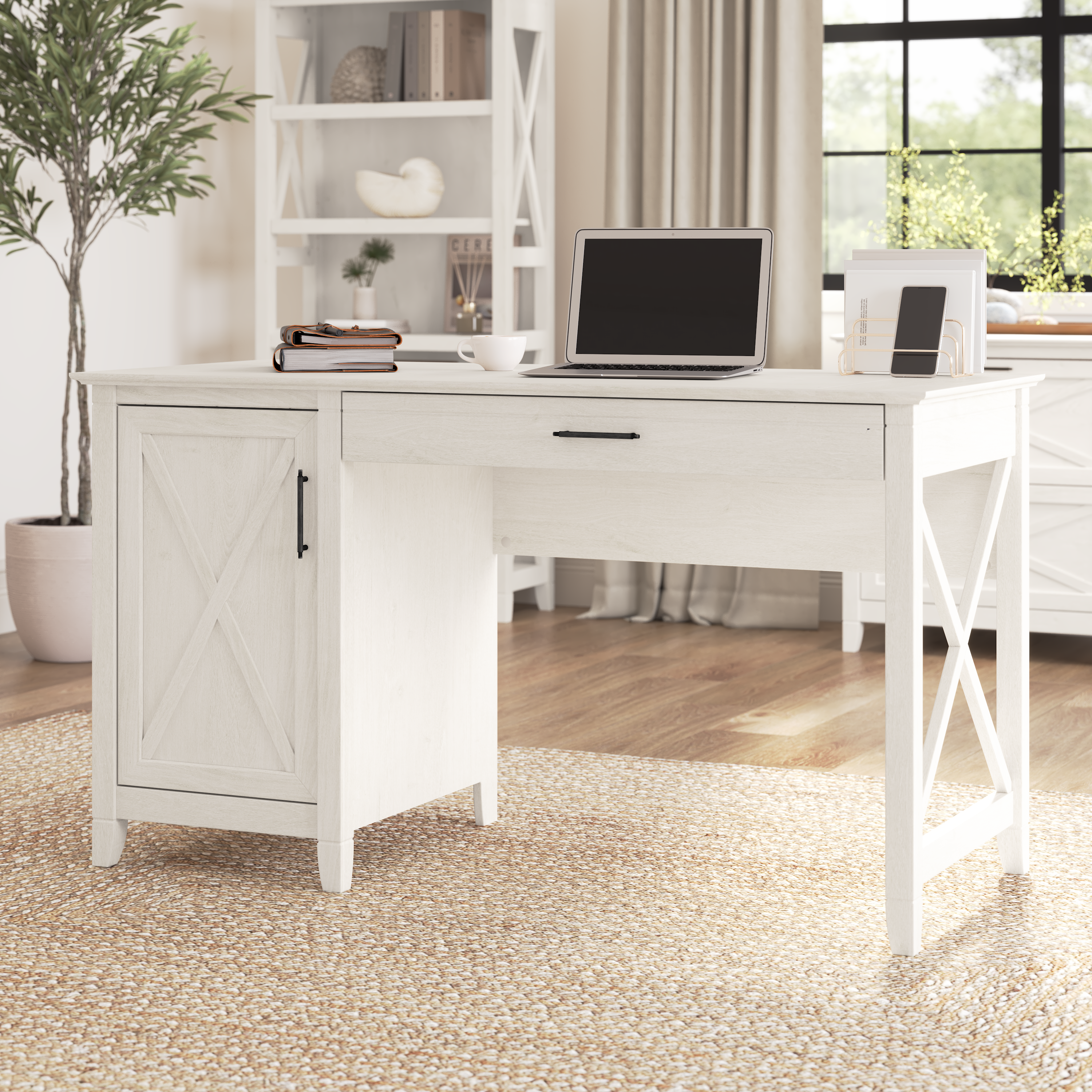 Shop Bush Furniture Key West 54W Computer Desk with Keyboard Tray and Storage 01 KWD154LW-03 #color_linen white oak