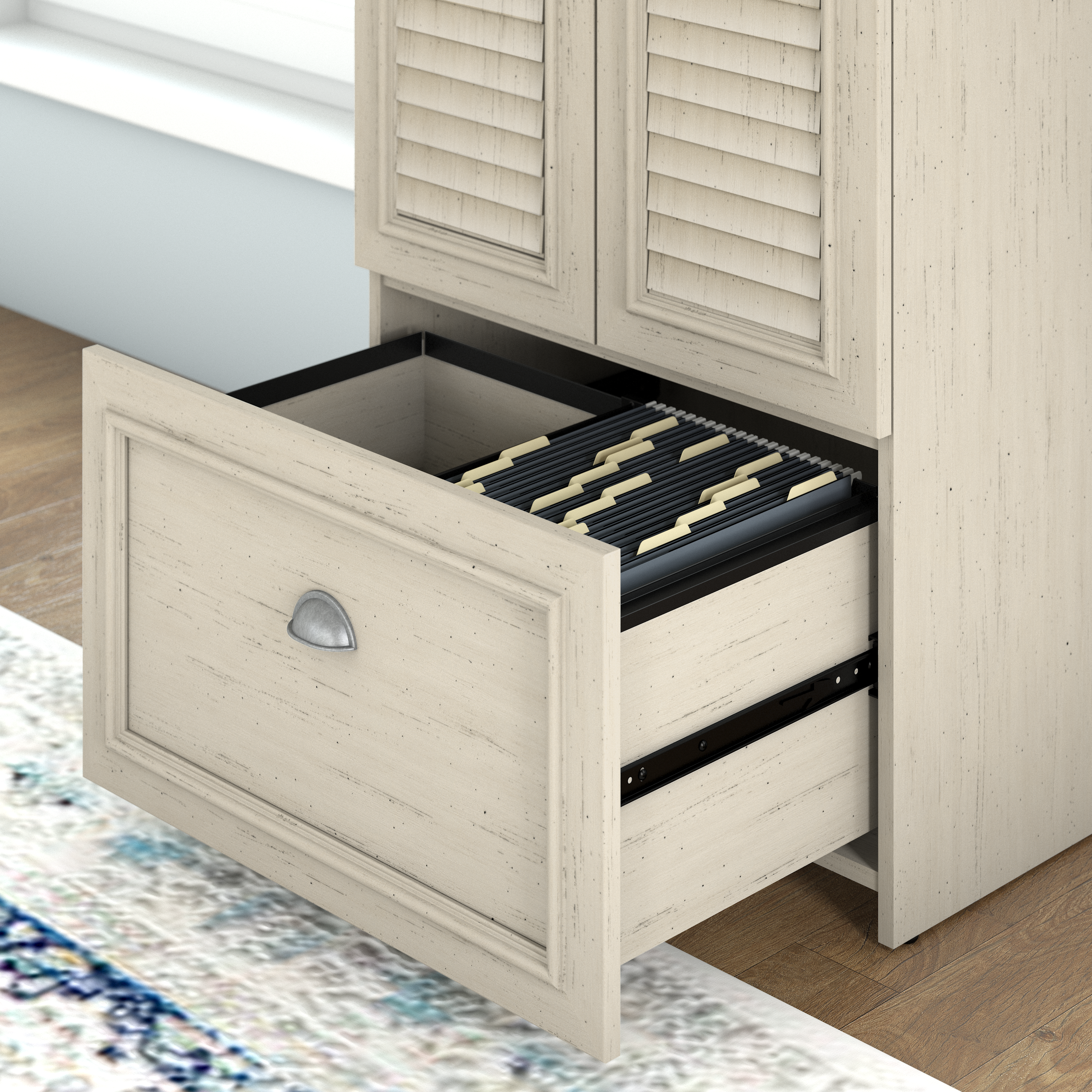 Shop Bush Furniture Fairview Shoe Storage Cabinet with Doors 04 FV020AW #color_antique white