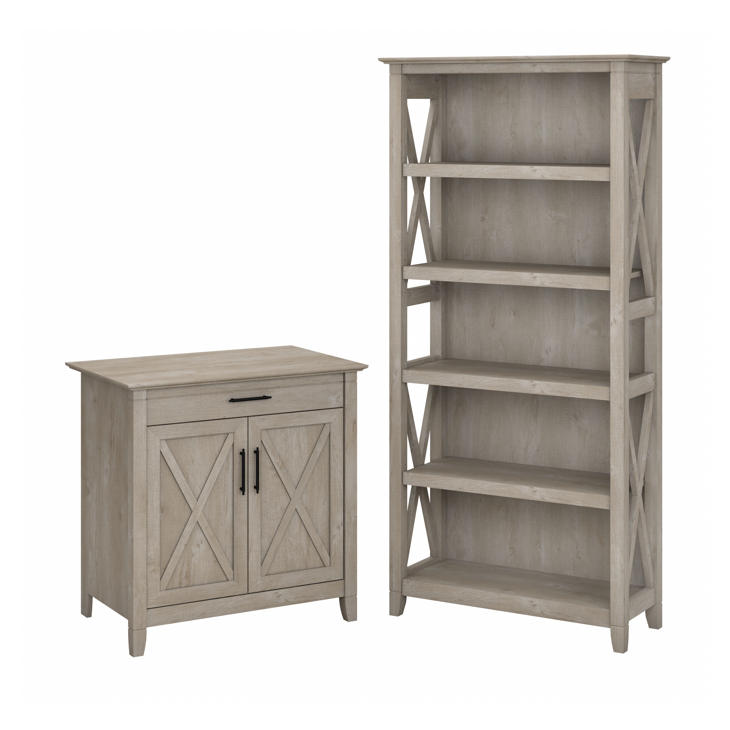 Shop Bush Furniture Key West Secretary Desk with Storage and 5 Shelf Bookcase 02 KWS012WG #color_washed gray