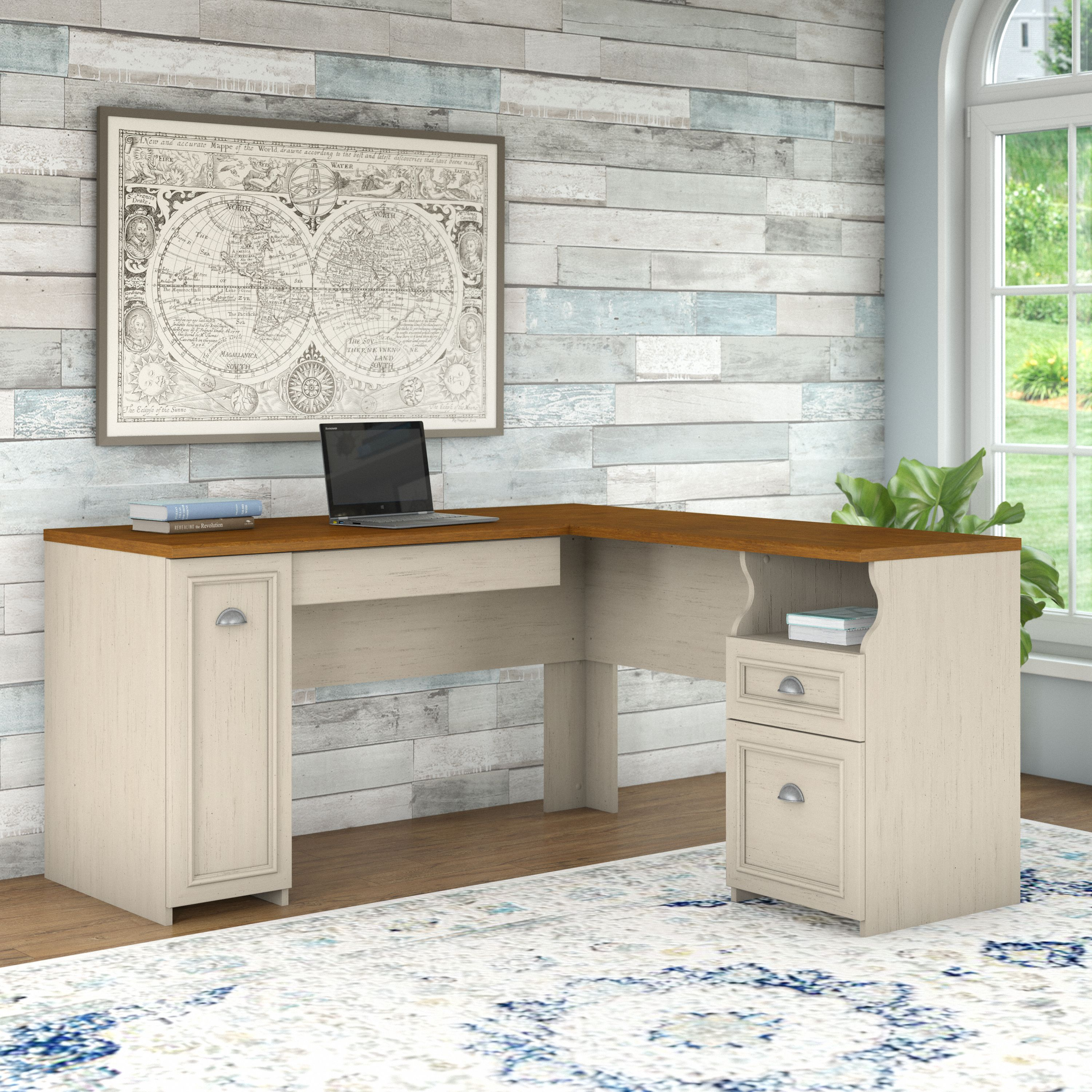 Shop Bush Furniture Fairview 60W L Shaped Desk with Drawers and Storage Cabinet 01 WC53230-03K #color_antique white/tea maple