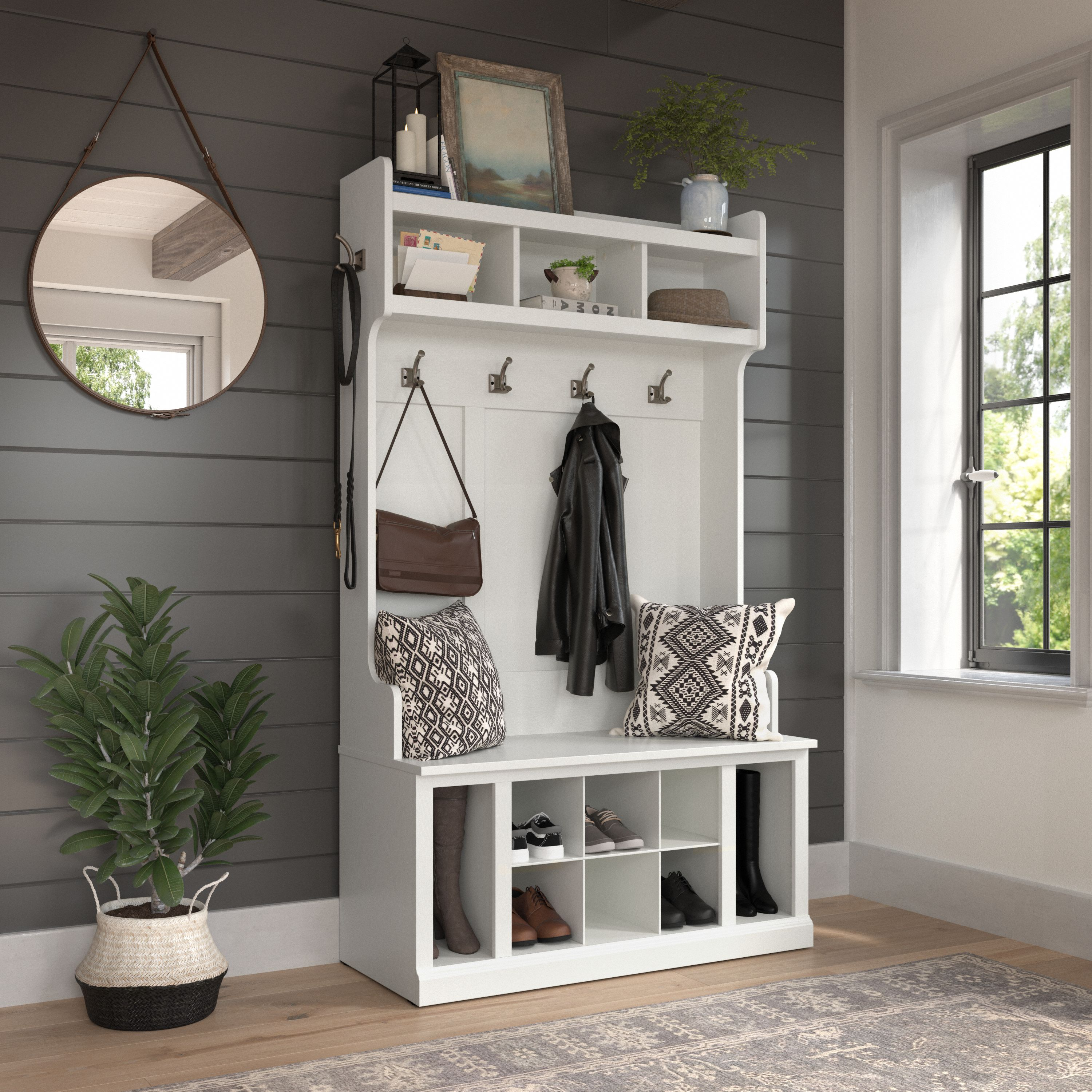 Shop Bush Furniture Woodland 40W Hall Tree and Shoe Storage Bench with Shelves 01 WDL002WAS #color_white ash