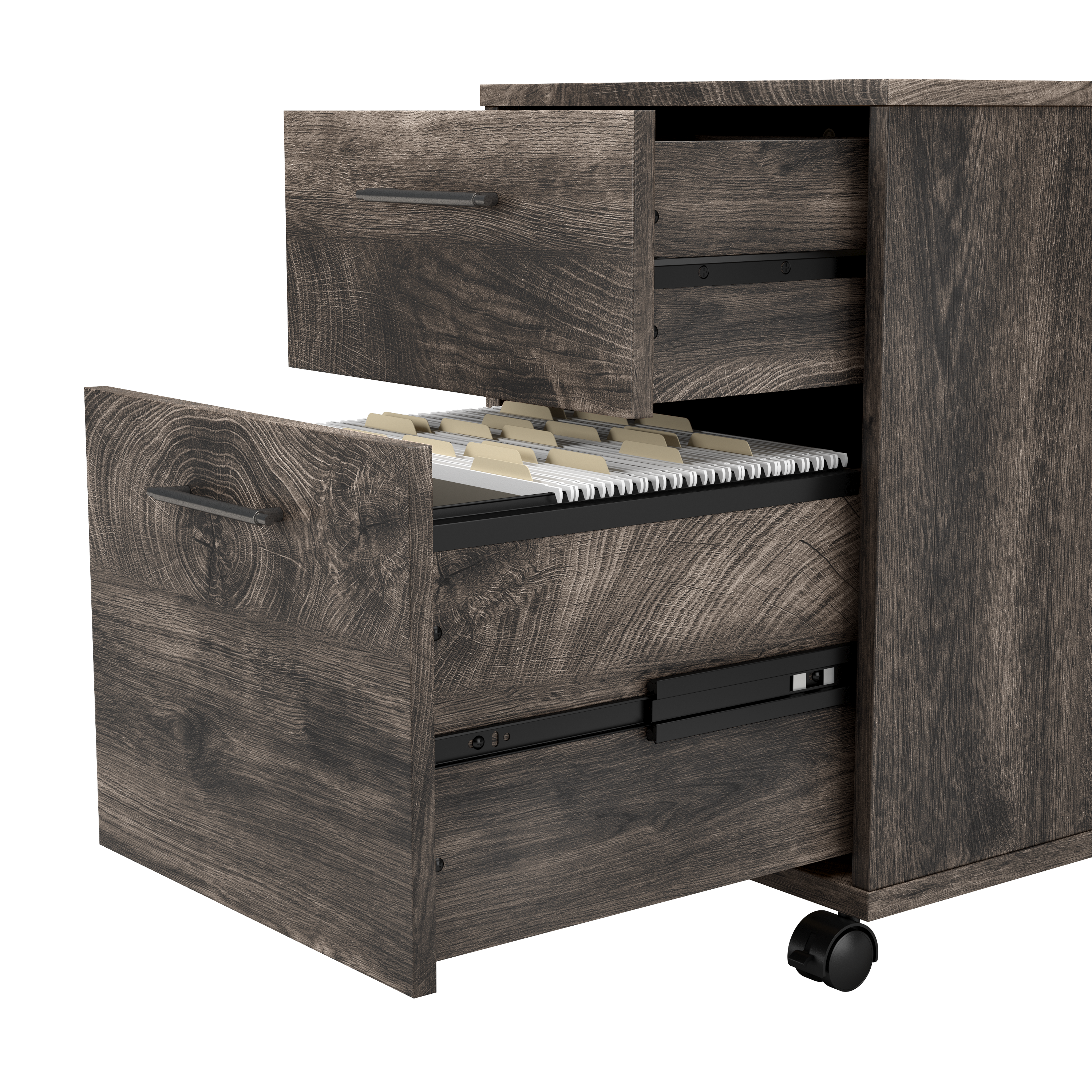 Shop Bush Furniture Key West 60W L Shaped Desk with 2 Drawer Mobile File Cabinet and 5 Shelf Bookcase 03 KWS016GH #color_dark gray hickory