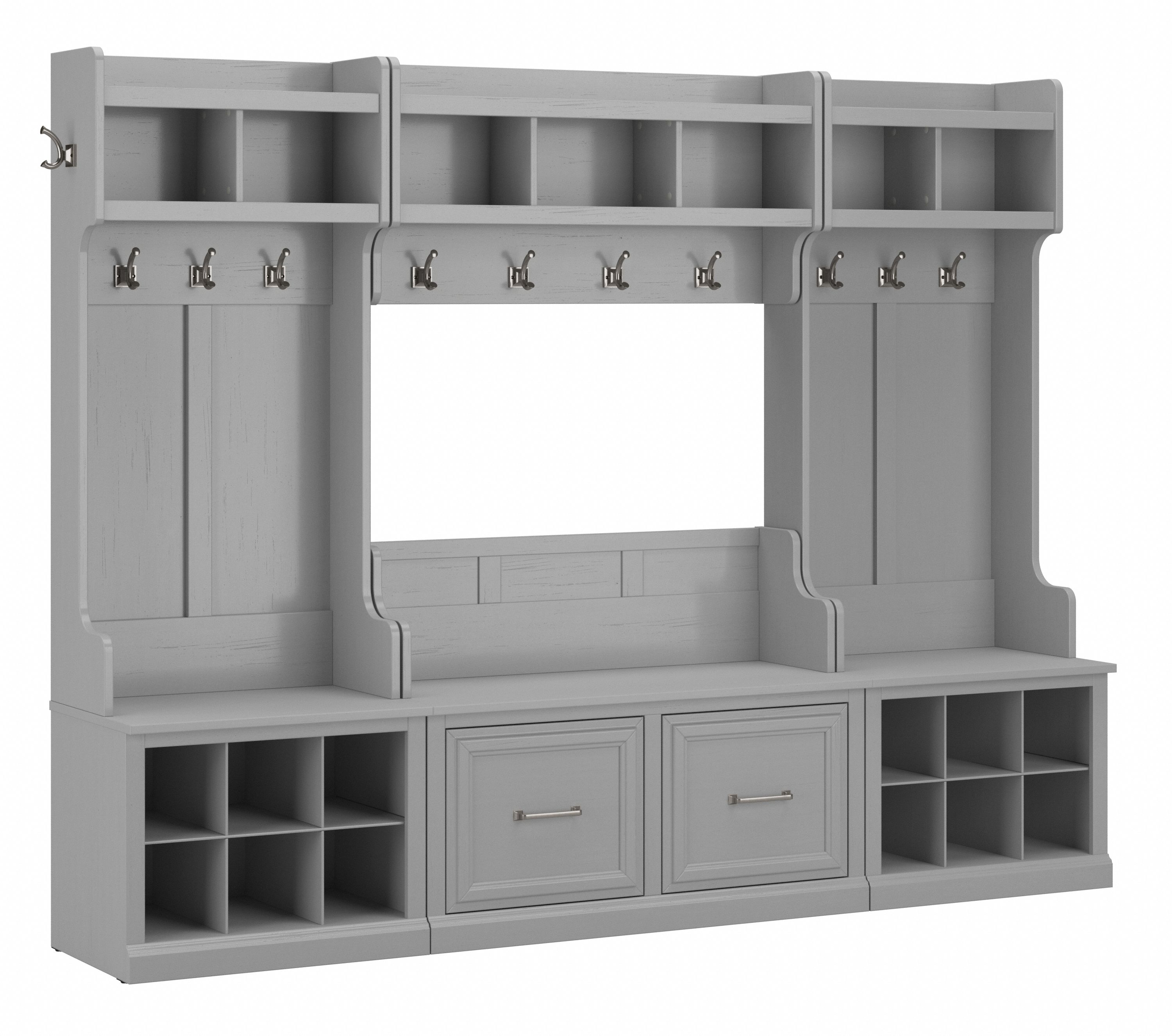Shop Bush Furniture Woodland Full Entryway Storage Set with Coat Rack and Shoe Bench with Doors 02 WDL013CG #color_cape cod gray