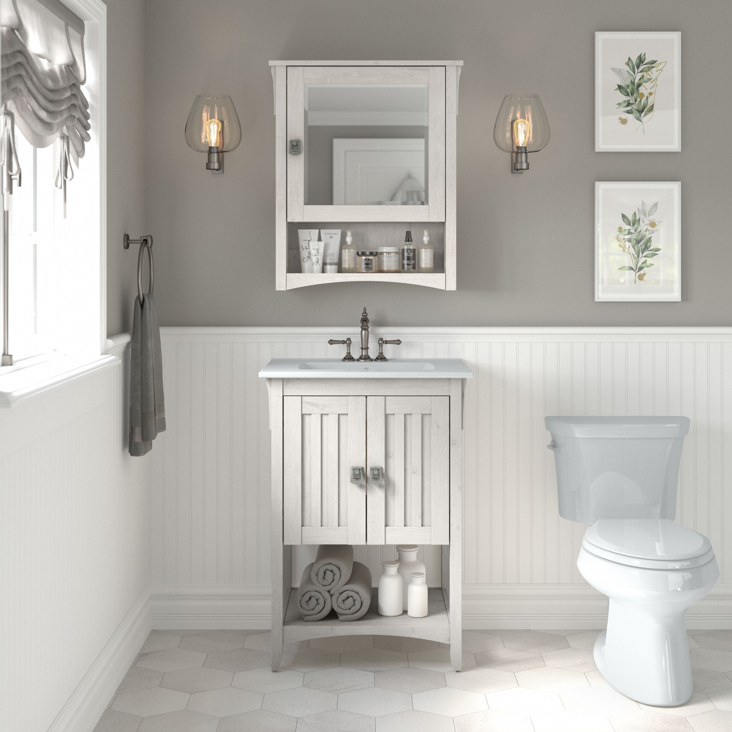 Shop Bush Furniture Salinas 24W Bathroom Vanity Sink and Medicine Cabinet with Mirror 01 SAL018LW #color_linen white oak