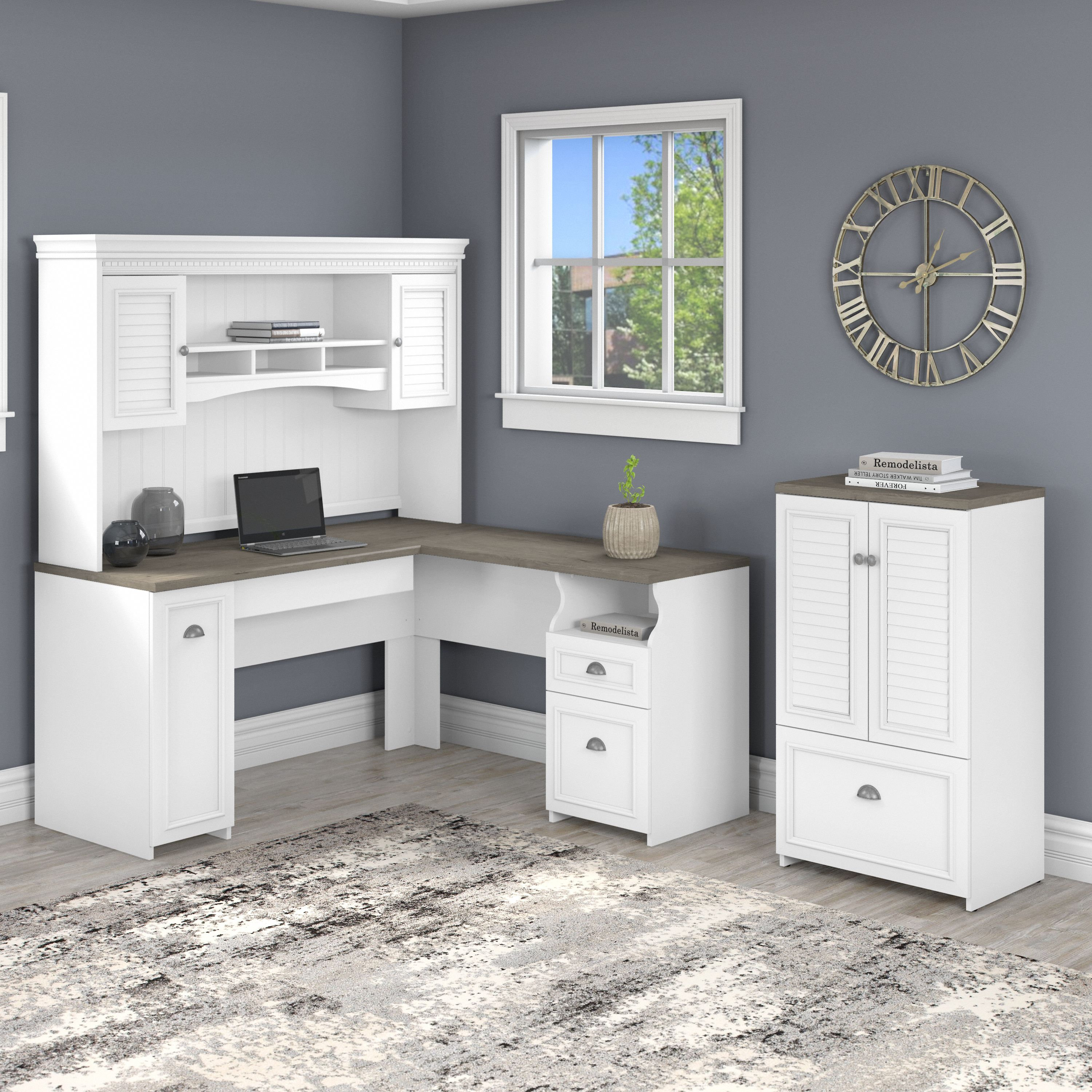 Shop Bush Furniture Fairview 60W L Shaped Desk with Hutch and Storage Cabinet with File Drawer 01 FV010G2W #color_shiplap gray/pure white