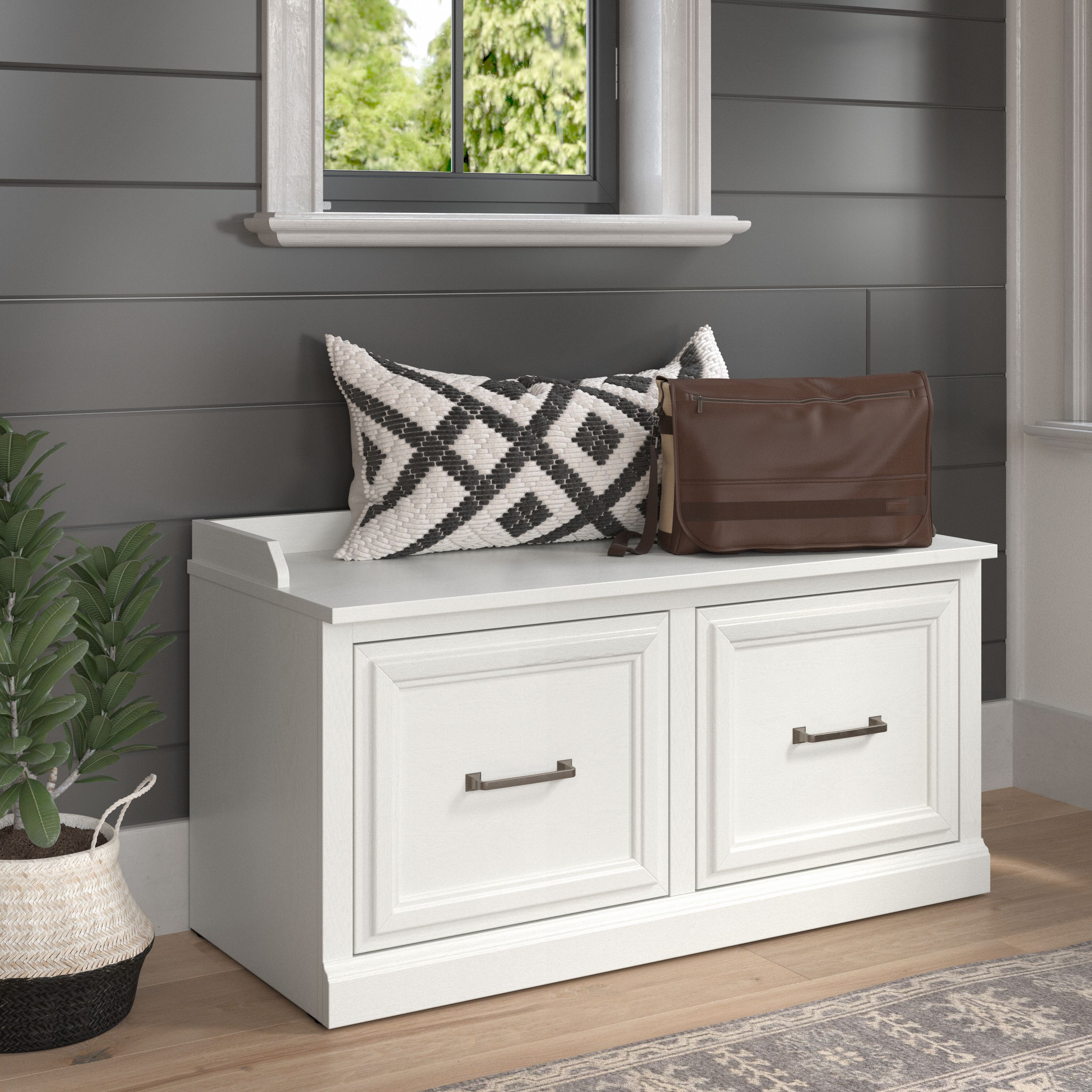 Shop Bush Furniture Woodland 40W Shoe Storage Bench with Doors 01 WDS140WAS-03 #color_white ash