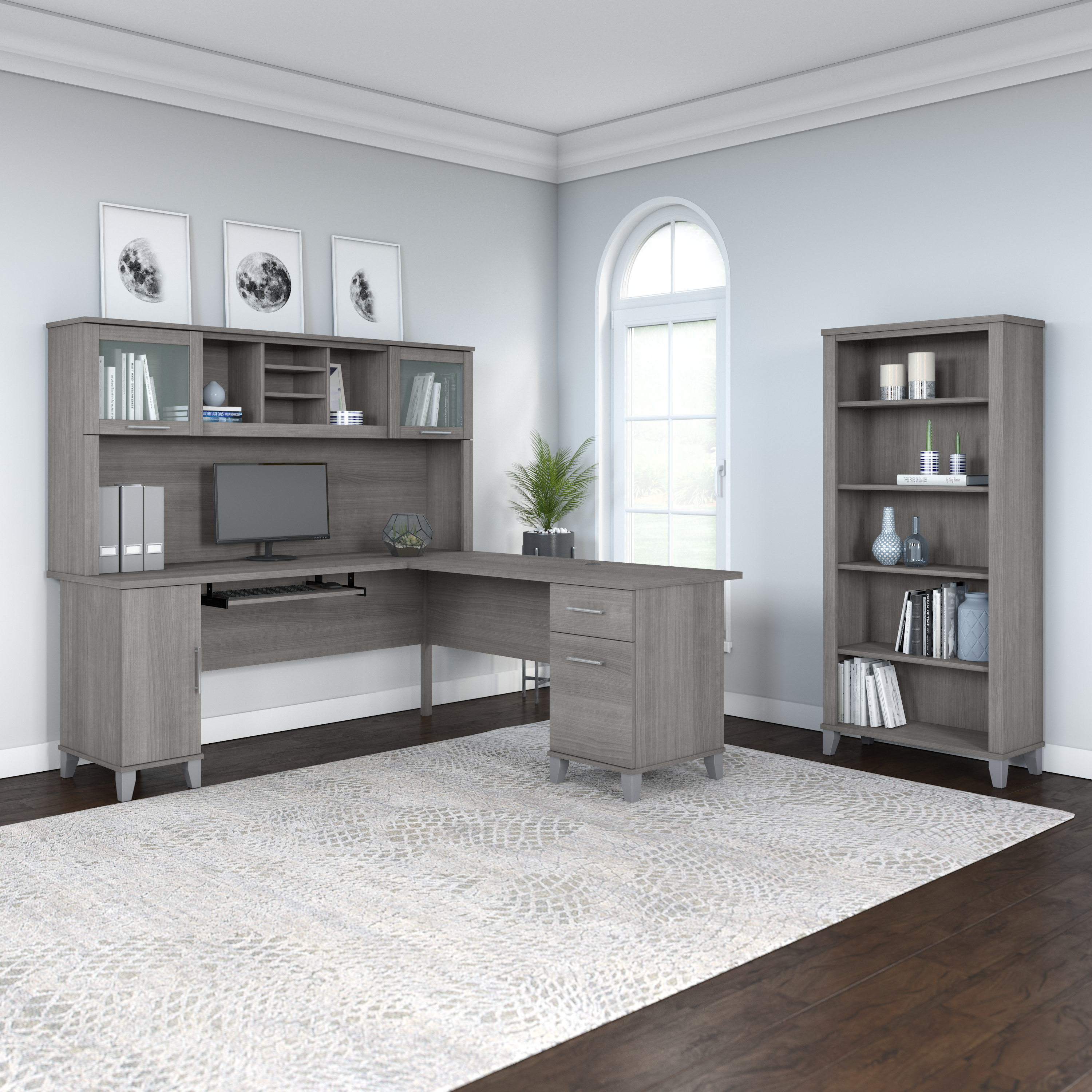 Shop Bush Furniture Somerset 72W L Shaped Desk with Hutch and 5 Shelf Bookcase 01 SET011PG #color_platinum gray