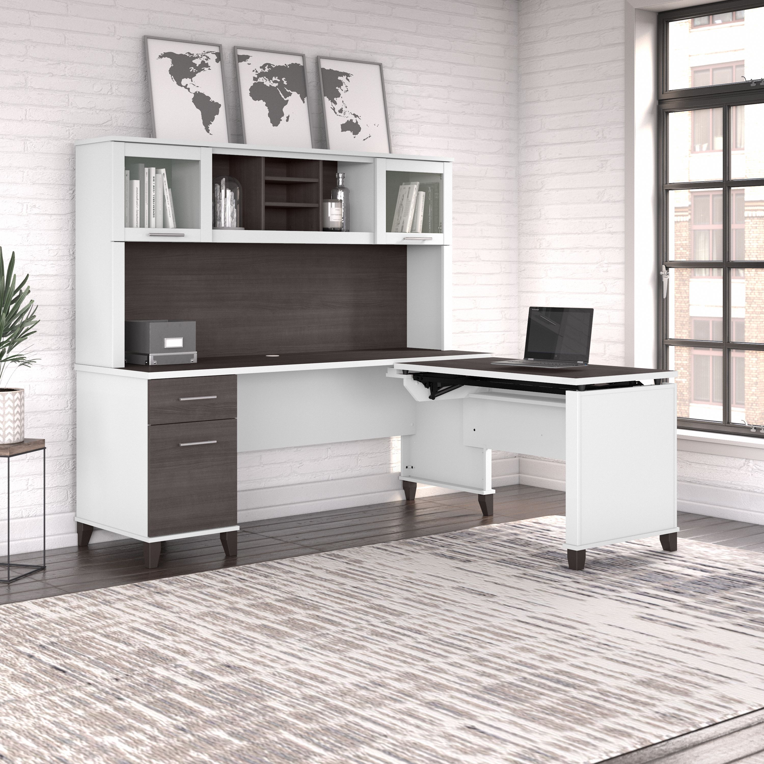 Shop Bush Furniture Somerset 72W 3 Position Sit to Stand L Shaped Desk with Hutch 06 SET015SGWH #color_storm gray/white