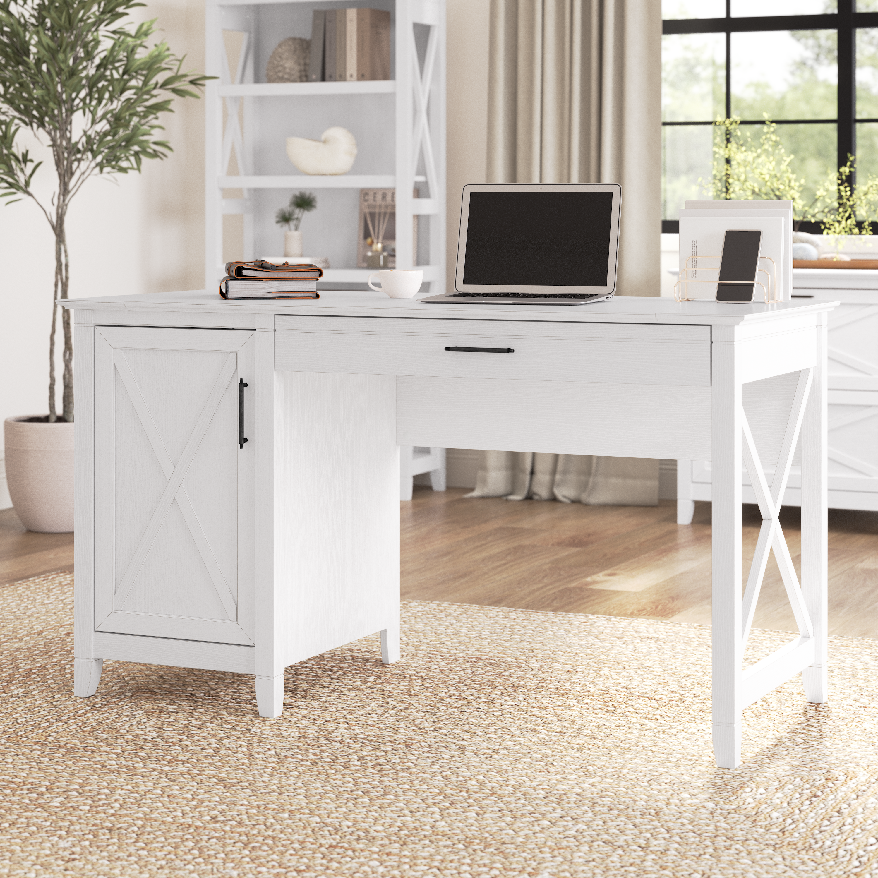 Shop Bush Furniture Key West 54W Computer Desk with Keyboard Tray and Storage 01 KWD154WT-03 #color_pure white oak
