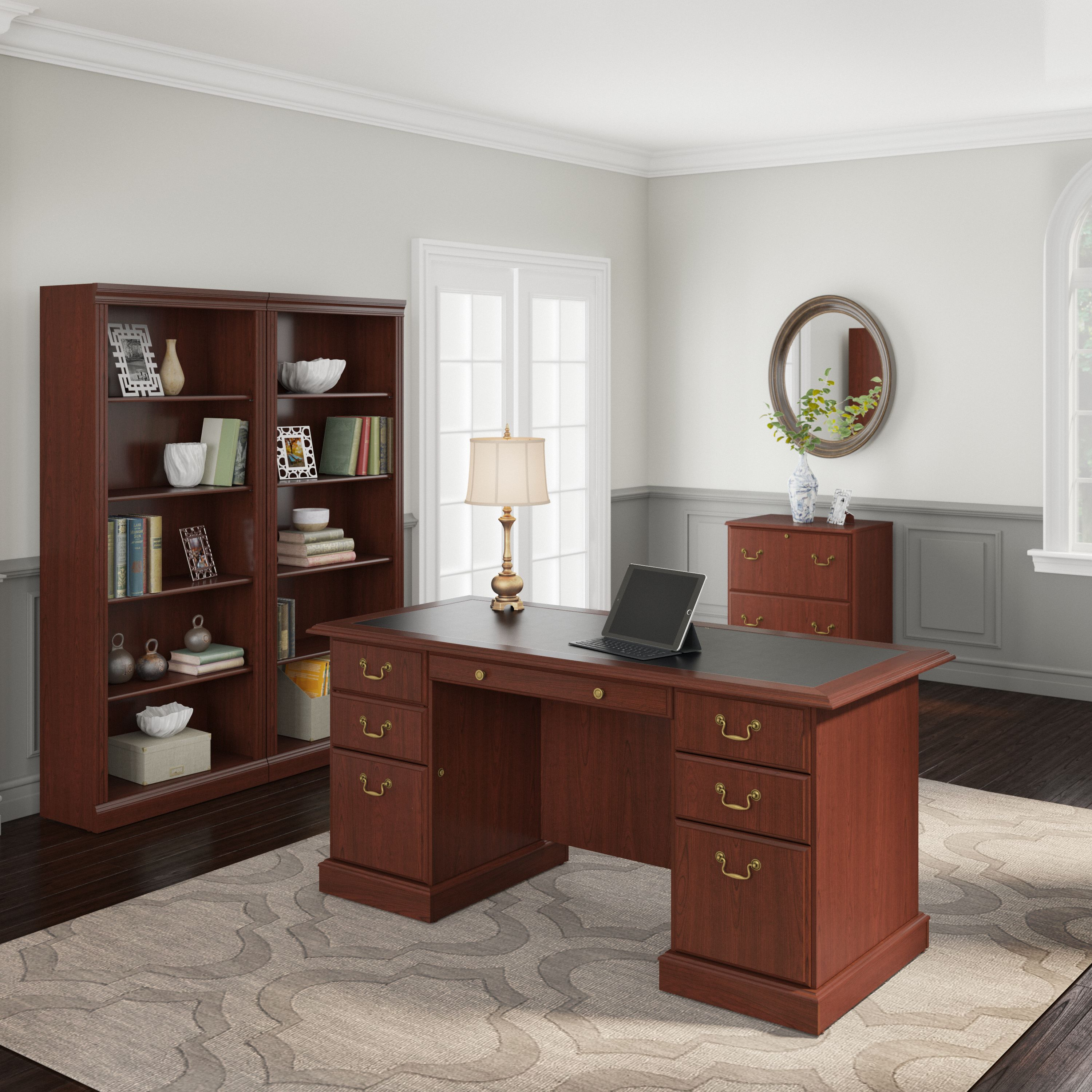 Shop Bush Furniture Saratoga Executive Desk with File Cabinet and Bookcase Set 01 SAR001CS #color_harvest cherry