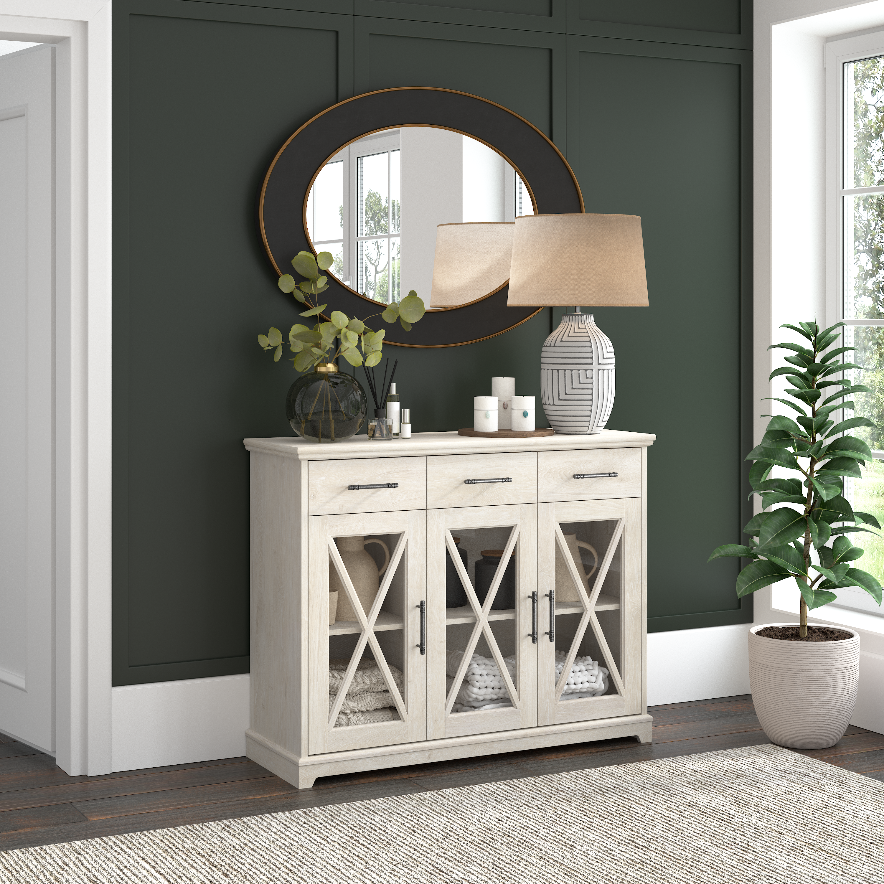 Shop Bush Furniture Lennox 46W Farmhouse Sideboard Buffet Cabinet with Drawers 01 LEV146LW-03 #color_linen white oak