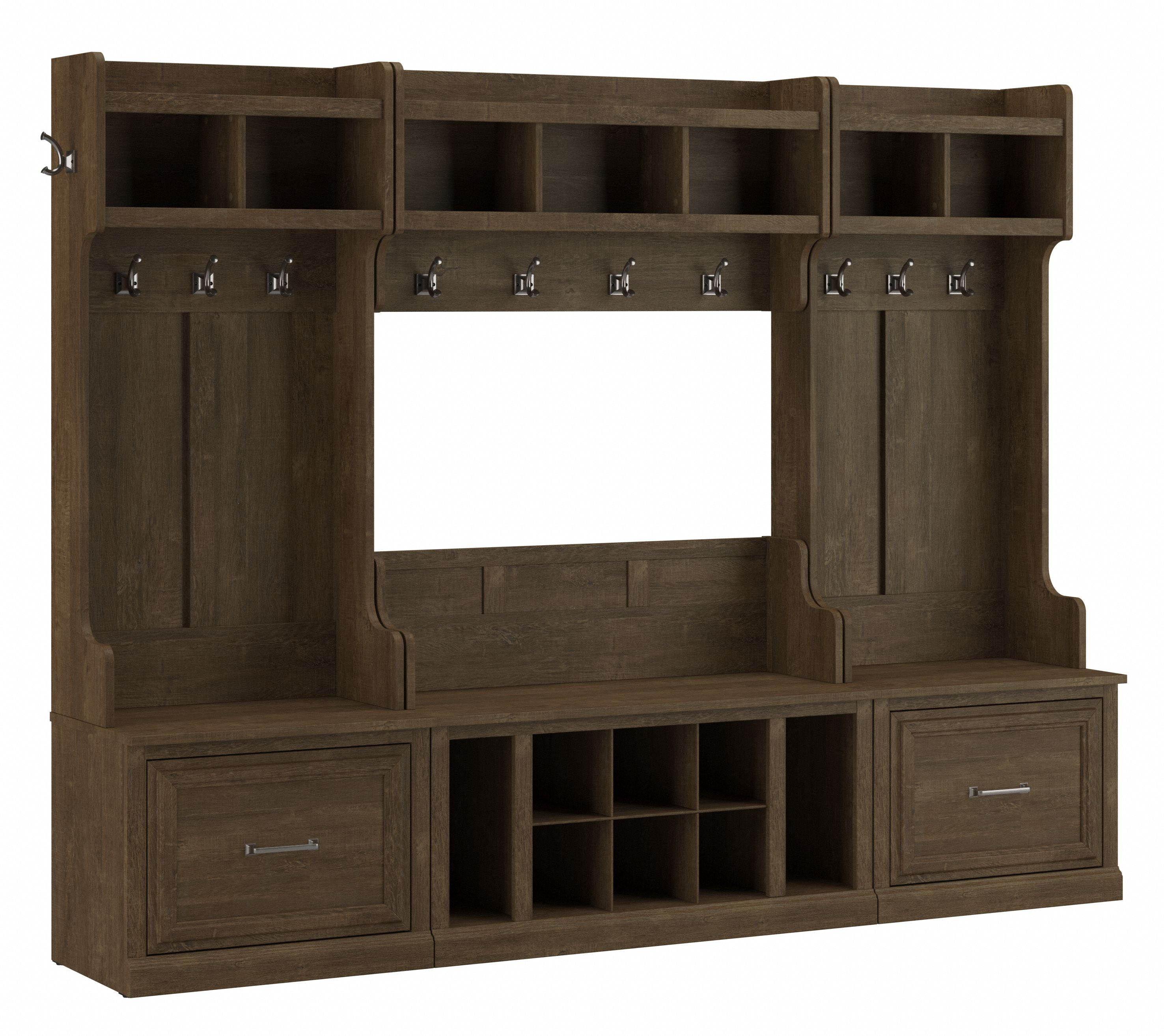 Shop Bush Furniture Woodland Full Entryway Storage Set with Coat Rack and Shoe Bench with Drawers 02 WDL014ABR #color_ash brown