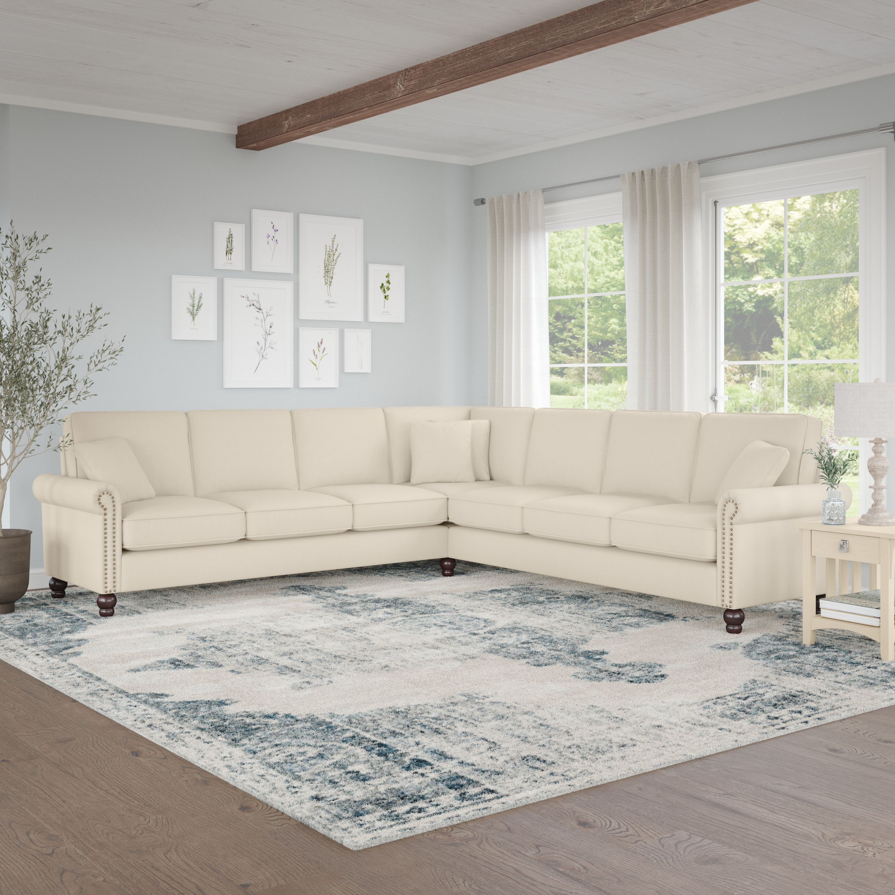 Shop Bush Furniture Coventry 111W L Shaped Sectional Couch 01 CVY110BCRH-03K #color_cream herringbone fabric