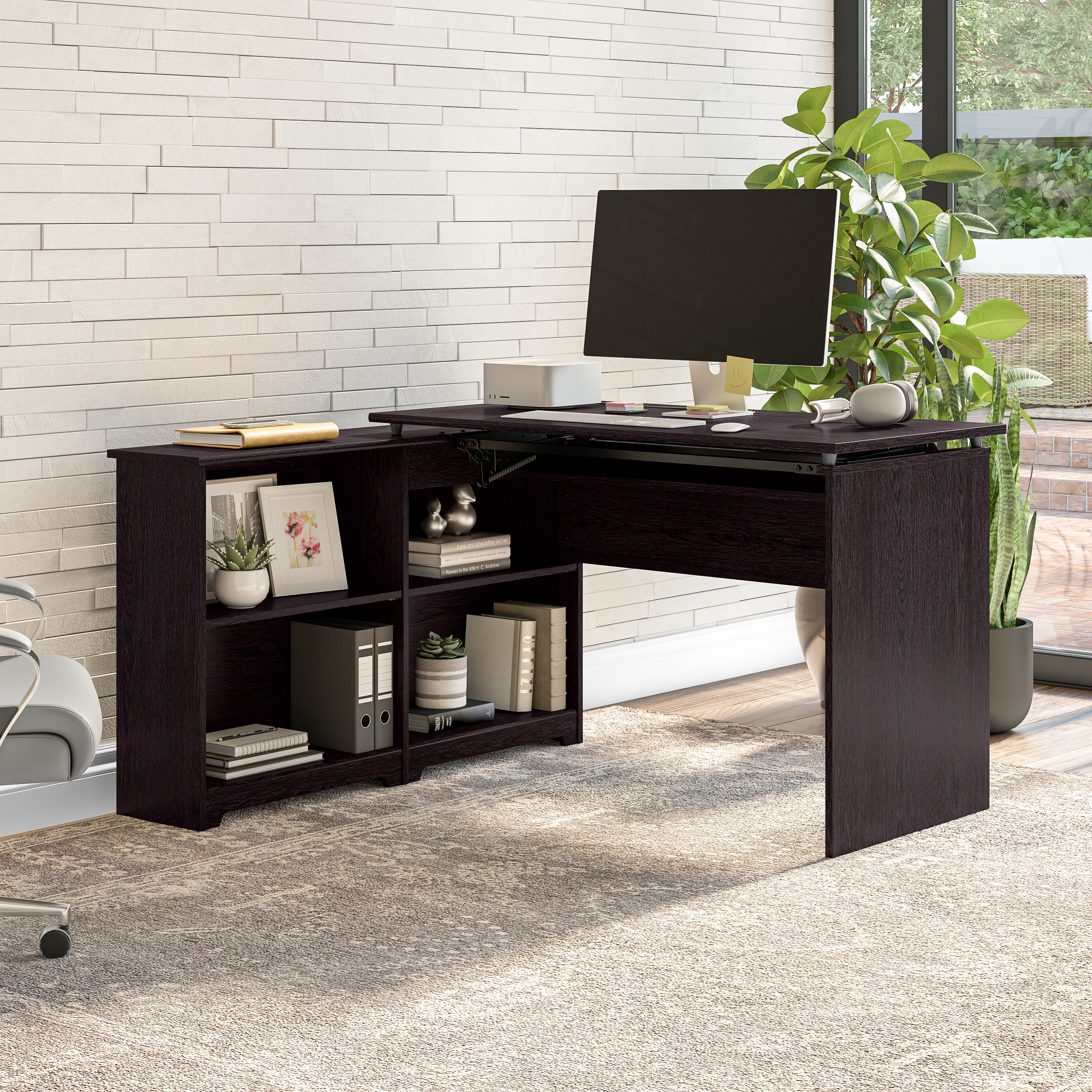 Shop Bush Furniture Cabot 52W 3 Position Sit to Stand Corner Desk with Shelves 06 WC31816 #color_espresso oak