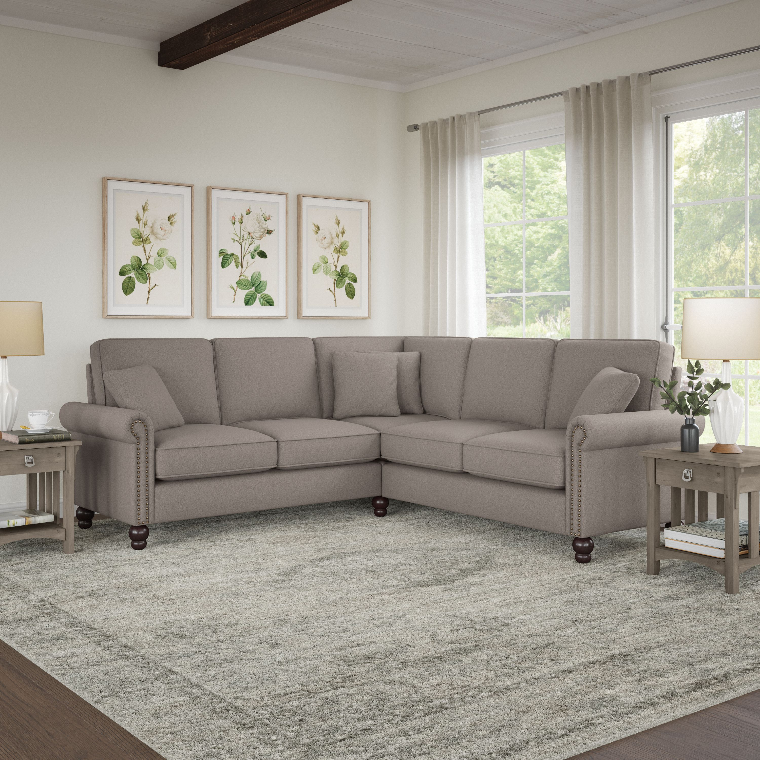 Shop Bush Furniture Coventry 87W L Shaped Sectional Couch 01 CVY86BBGH-03K #color_beige herringbone fabric