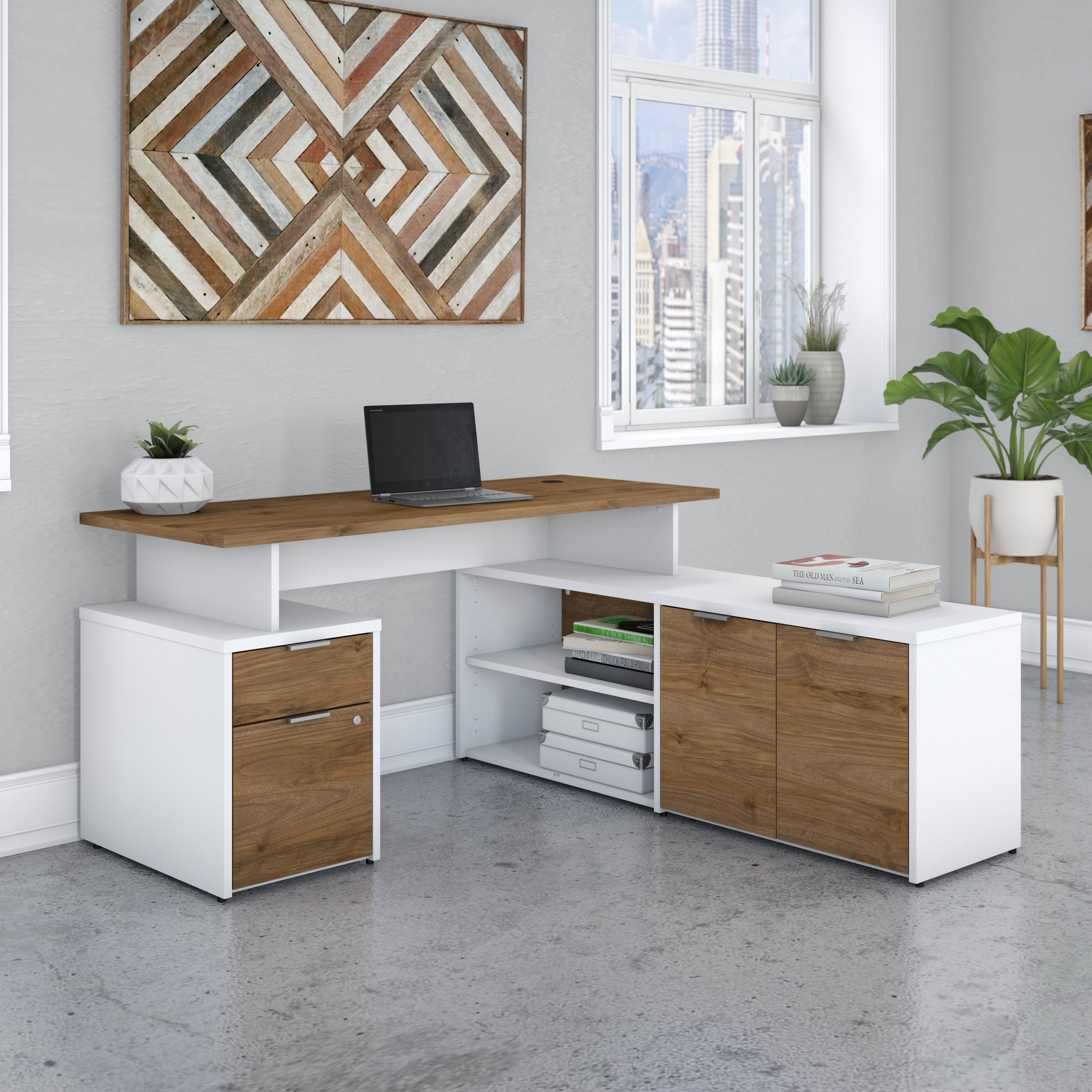 Shop Bush Business Furniture Jamestown 60W L Shaped Desk with Drawers 01 JTN021FWWHSU #color_fresh walnut/white