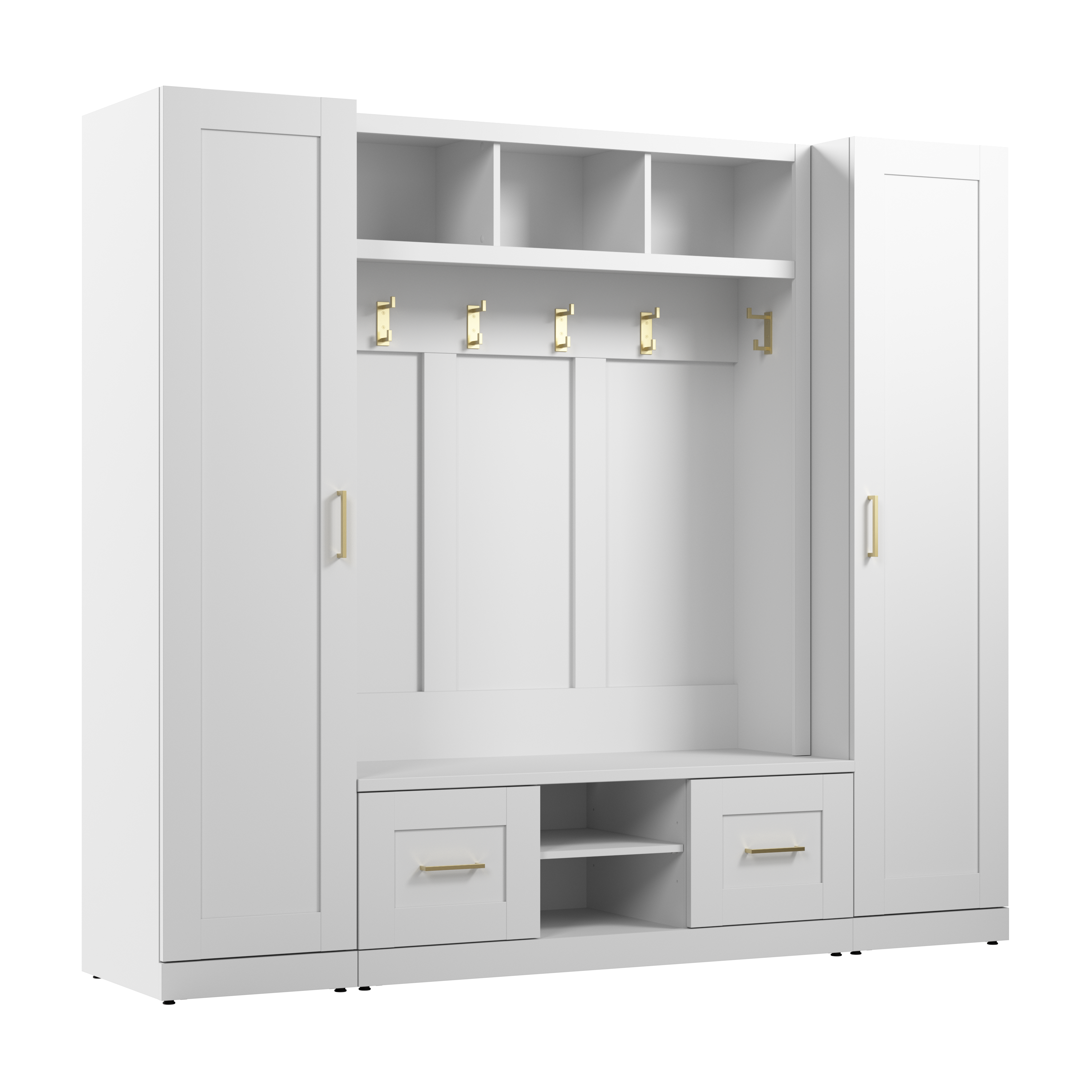 Shop Bush Furniture Hampton Heights Full Entryway Storage Set with Hall Tree, Shoe Bench with Doors and Narrow Cabinets 02 HHS015WH #color_white