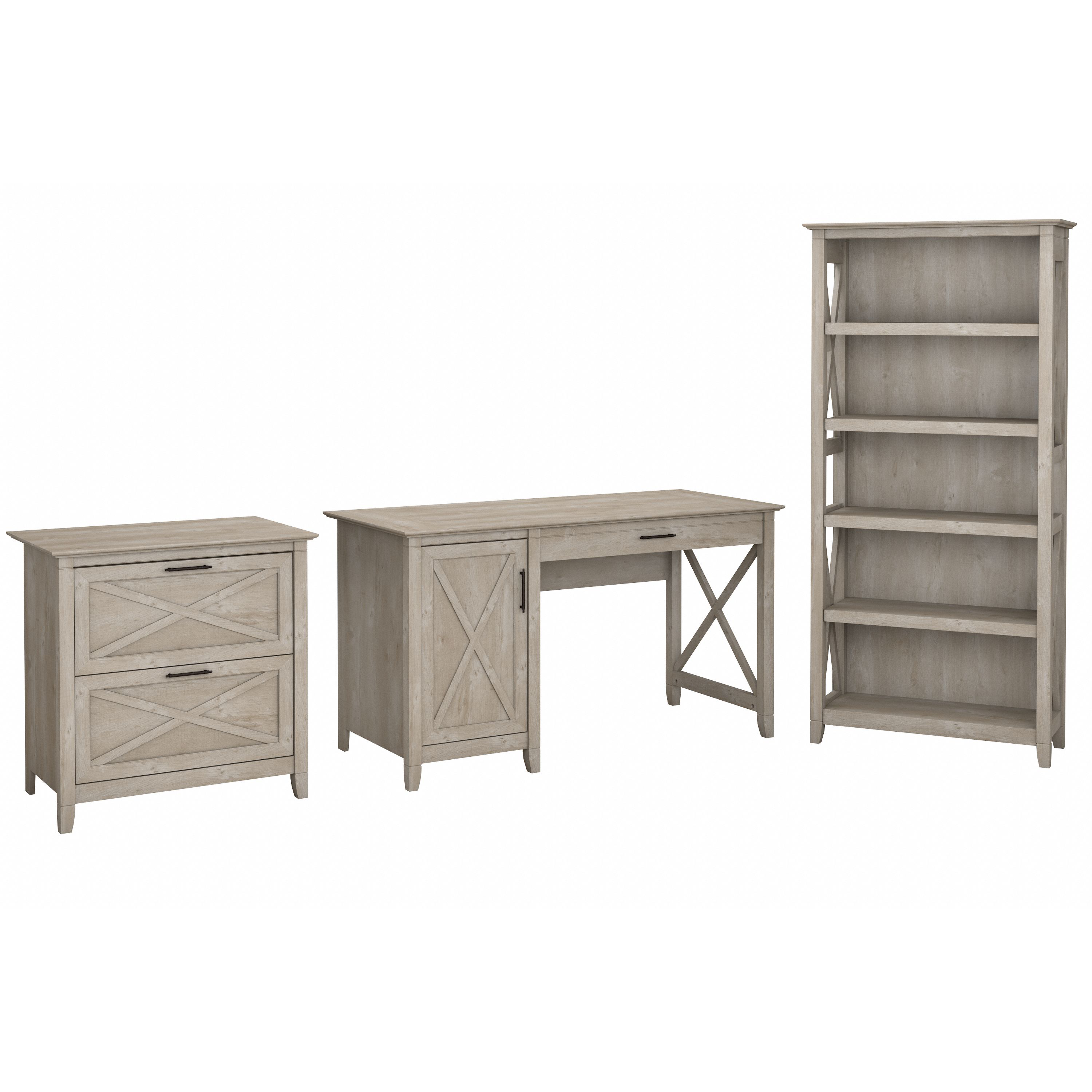 Shop Bush Furniture Key West 54W Computer Desk with 2 Drawer Lateral File Cabinet and 5 Shelf Bookcase 02 KWS009WG #color_washed gray